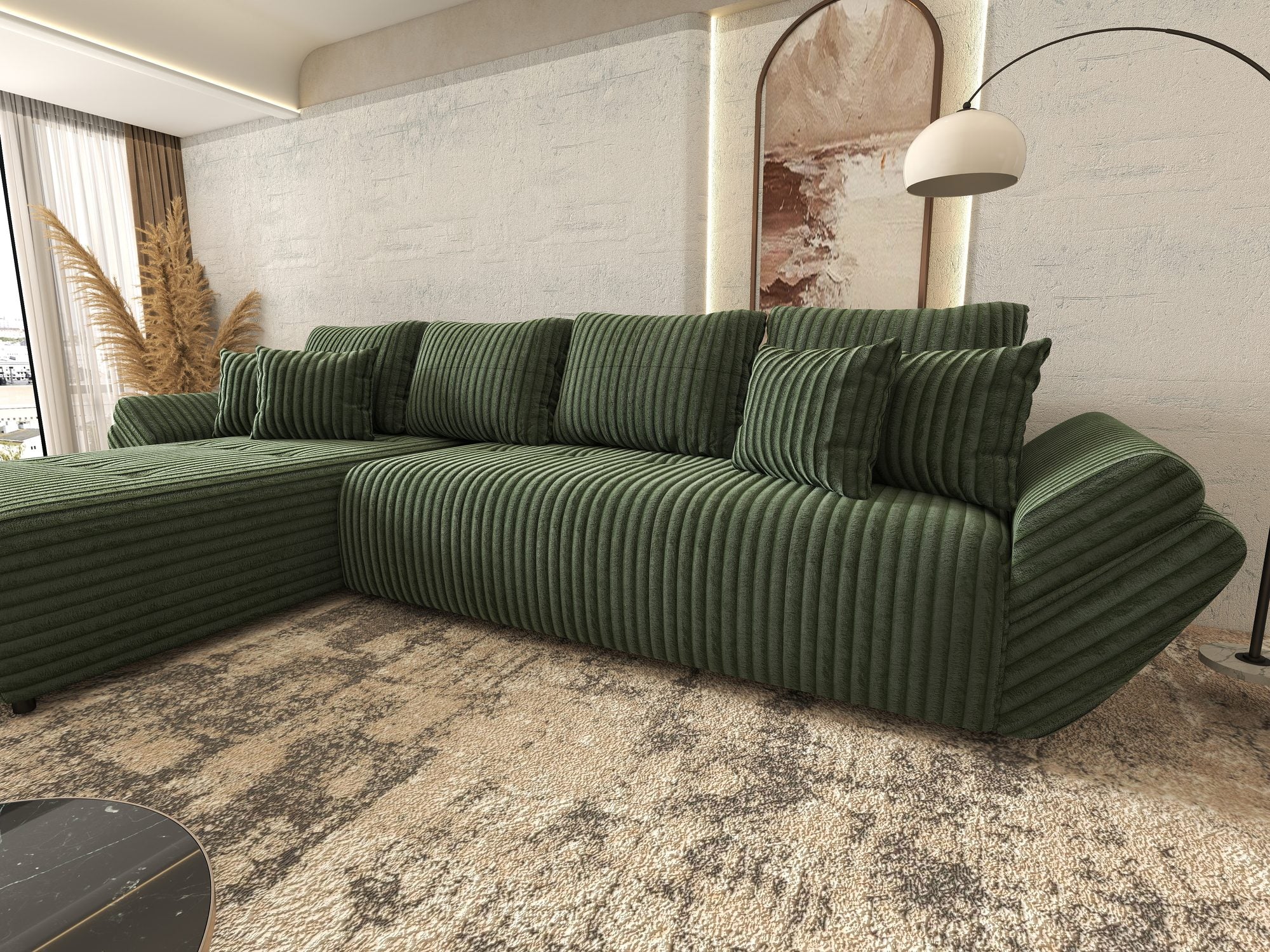 Colțar extensibil dumonde cu ladă de depozitare si sezut confortabil din spuma high-density, Berlin XL Tilia Verde 39 350x185 cm