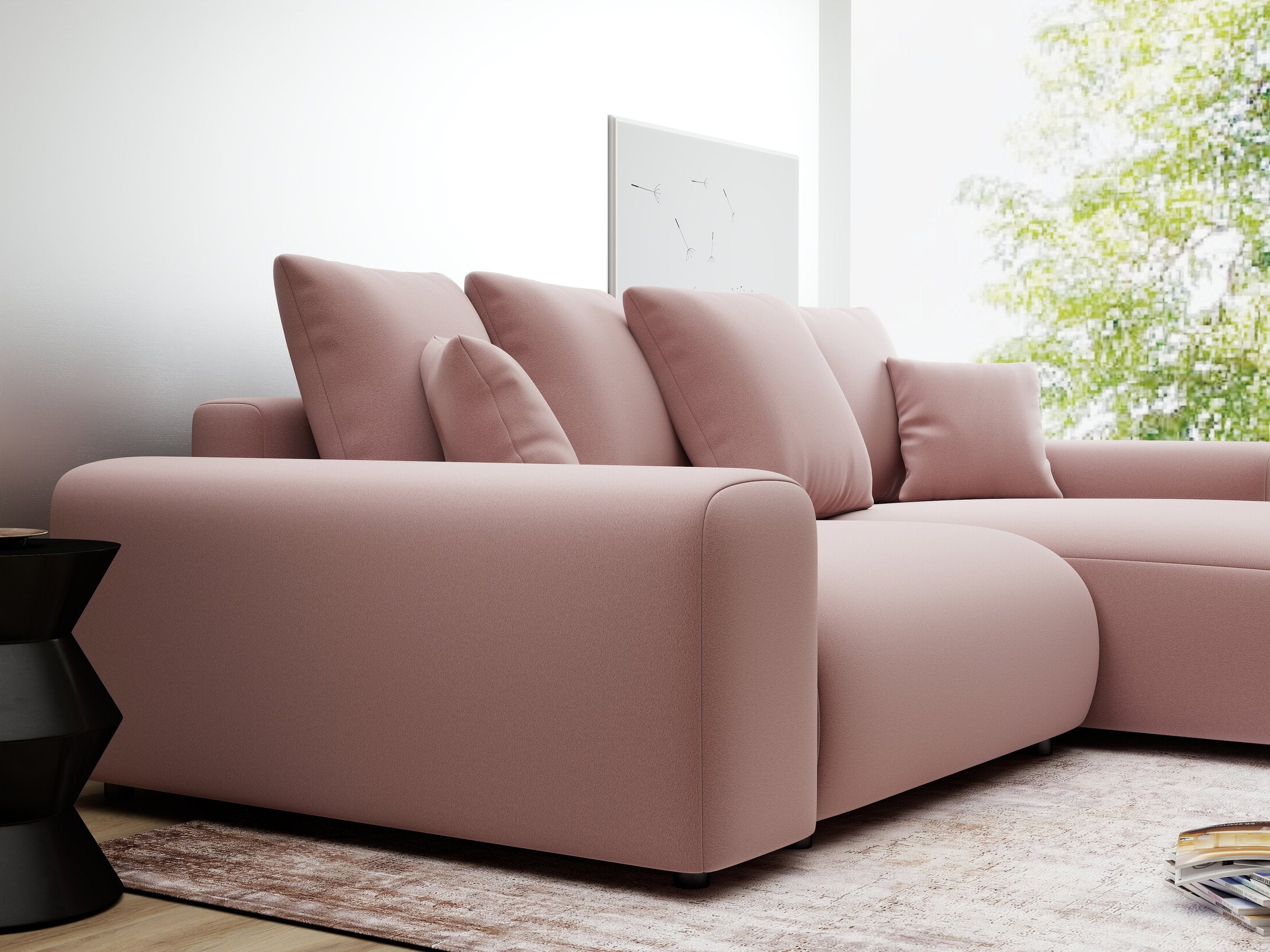 Colțar extensibil dumonde cu ladă de depozitare și șezut confortabil din spumă HR, Luma Royal Roz 255x168 cm II