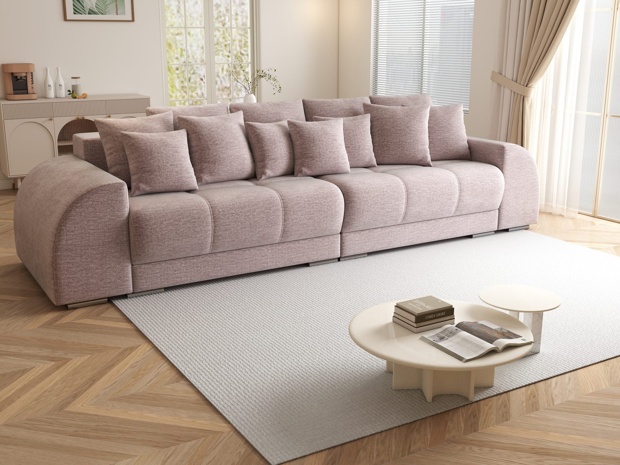 Canapea extensibilă dumonde cu 2 lăzi de depozitare si sezut confortabil din spuma high-density, Verona Monolith Roz Pudrat 62 310x100 cm