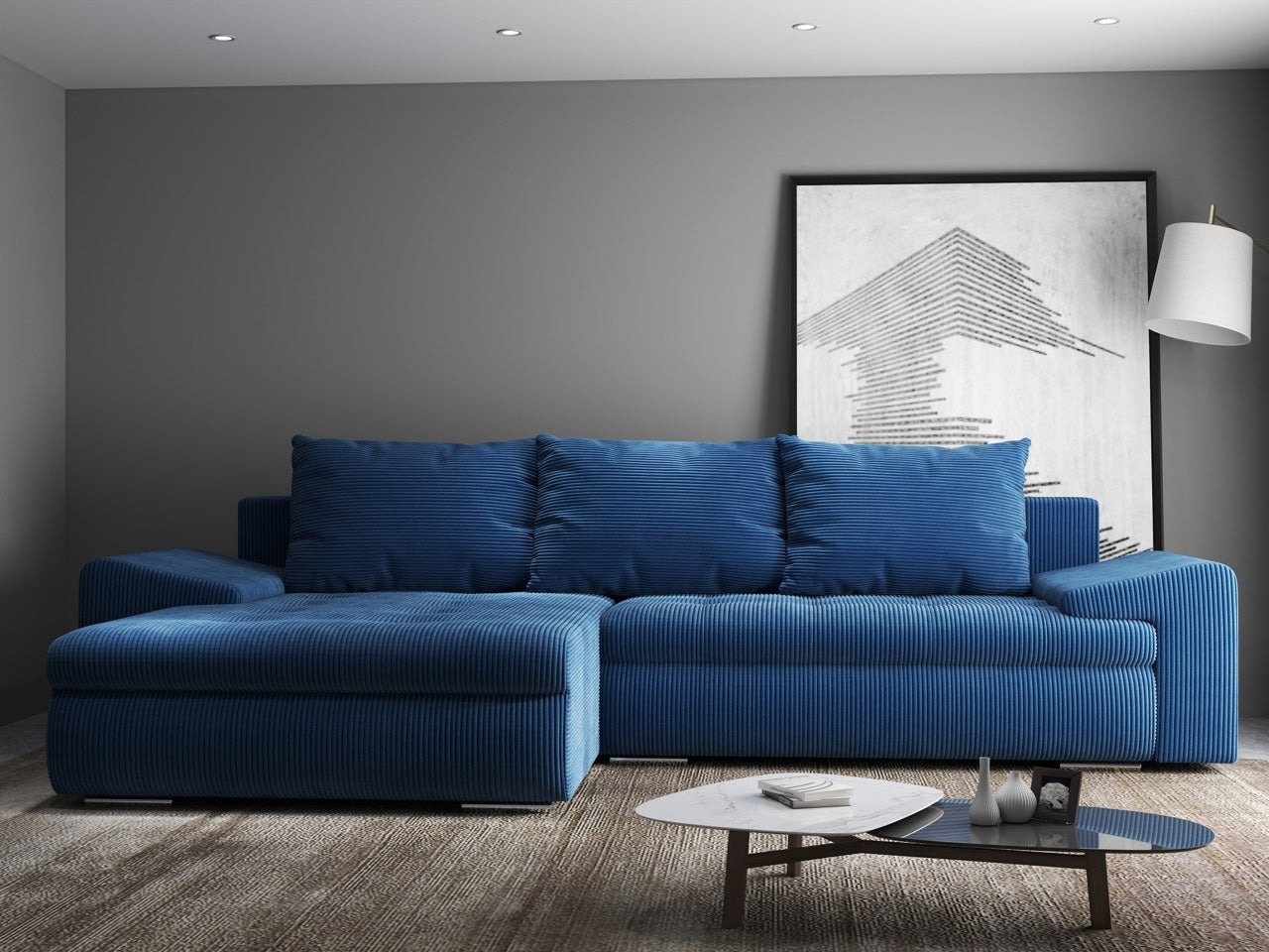 Colțar extensibil dumonde cu ladă de depozitare si sezut confortabil din spuma HR, Leonardo Zoom Albastru 260x185 cm Fabrica