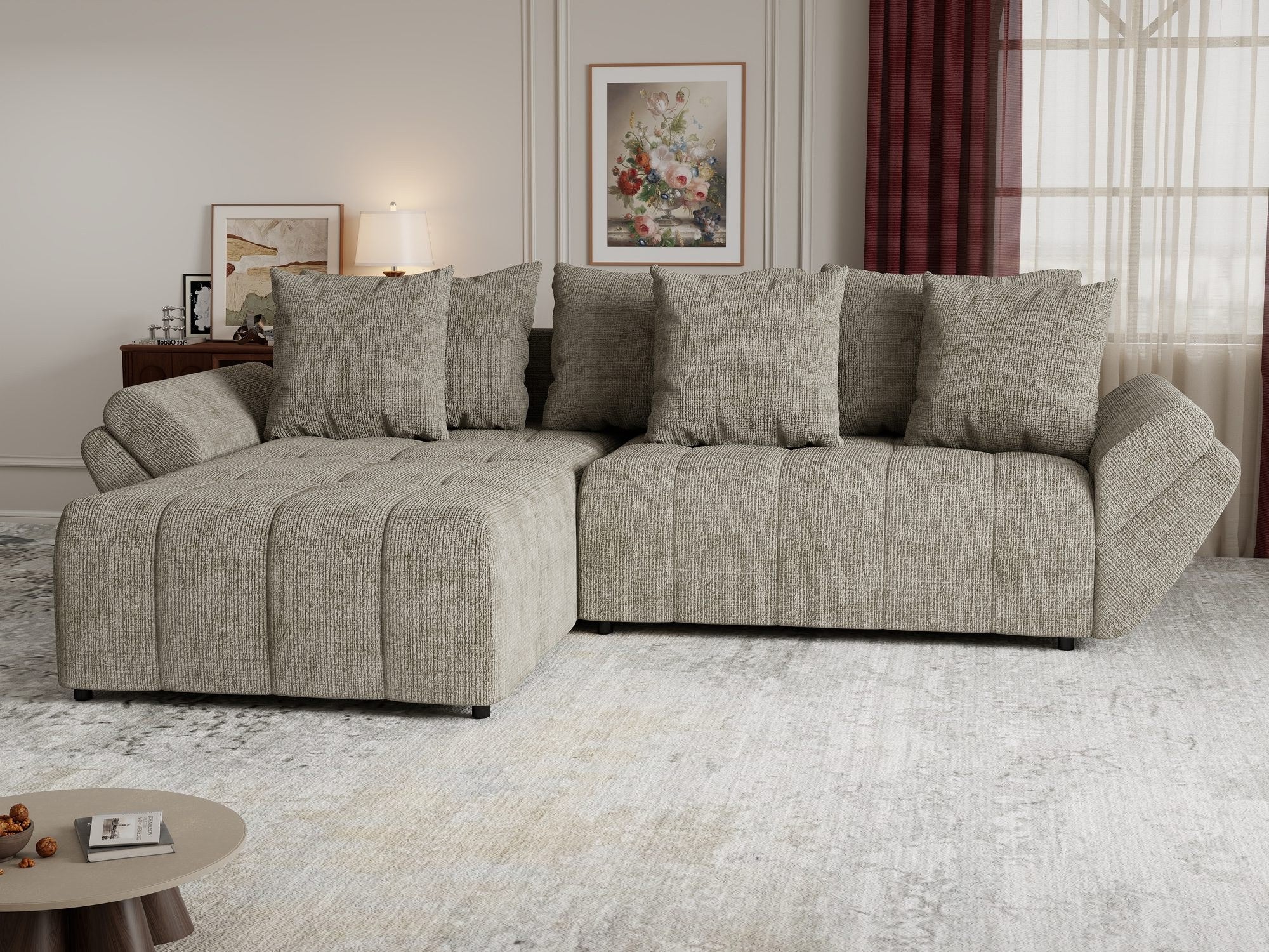 Colțar extensibil dumonde cu ladă de depozitare si sezut confortabil din spuma high-density, Berlin Cremona Bej 14 280x185 cm