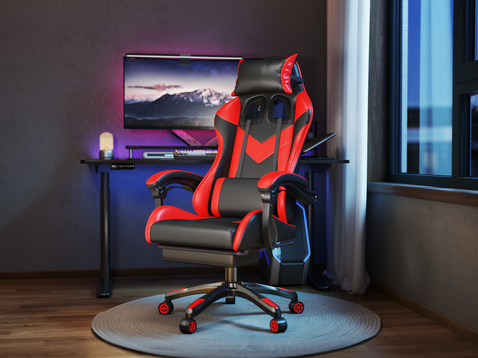 Scaun gaming Dumonde EXODUS, mecanism multifuncțional, ecopiele, suport picioare, rosu/negru