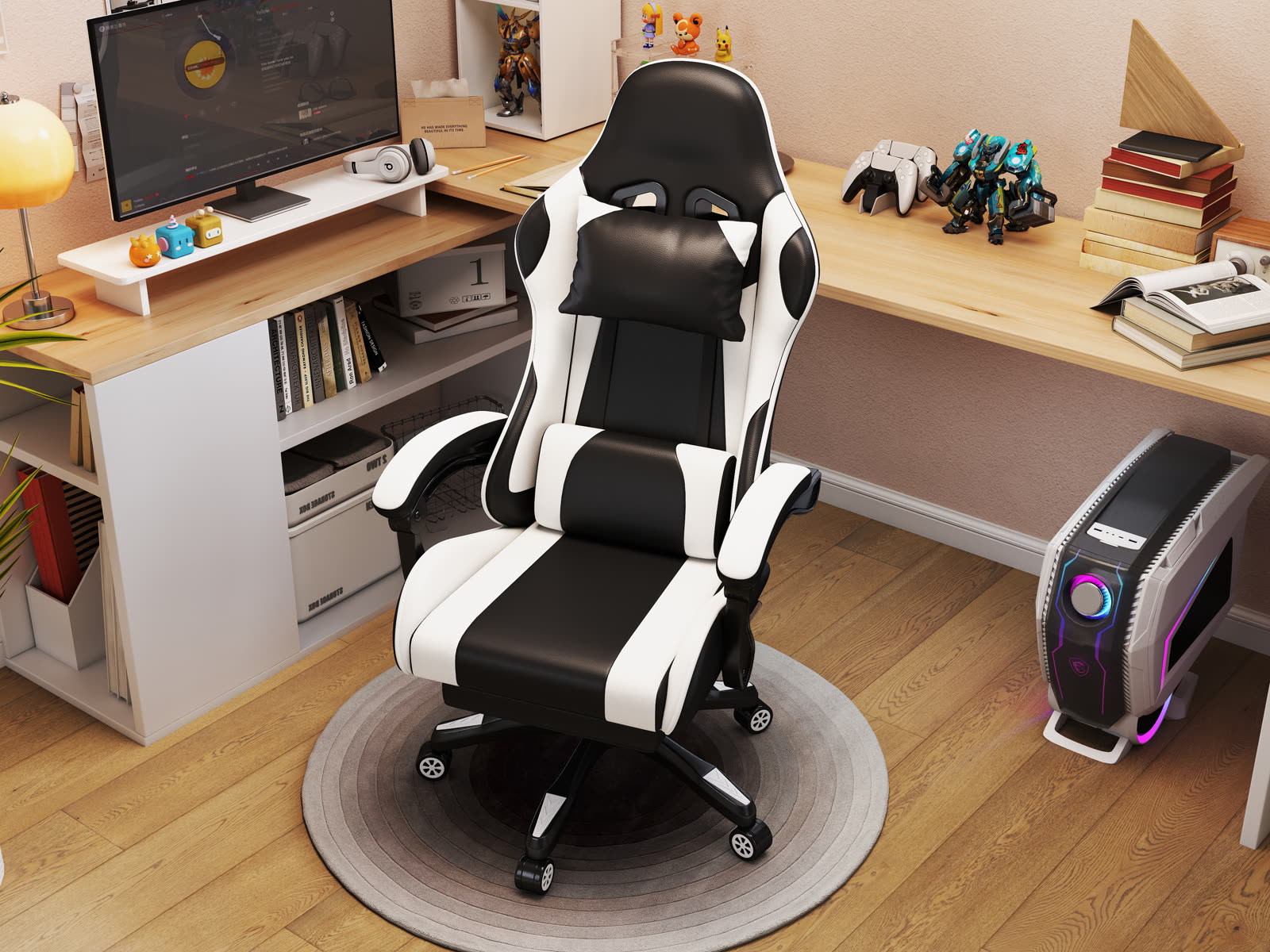 Scaun gaming Dumonde VIPER, mecanism multifuncțional, ecopiele, suport picioare, alb/negru