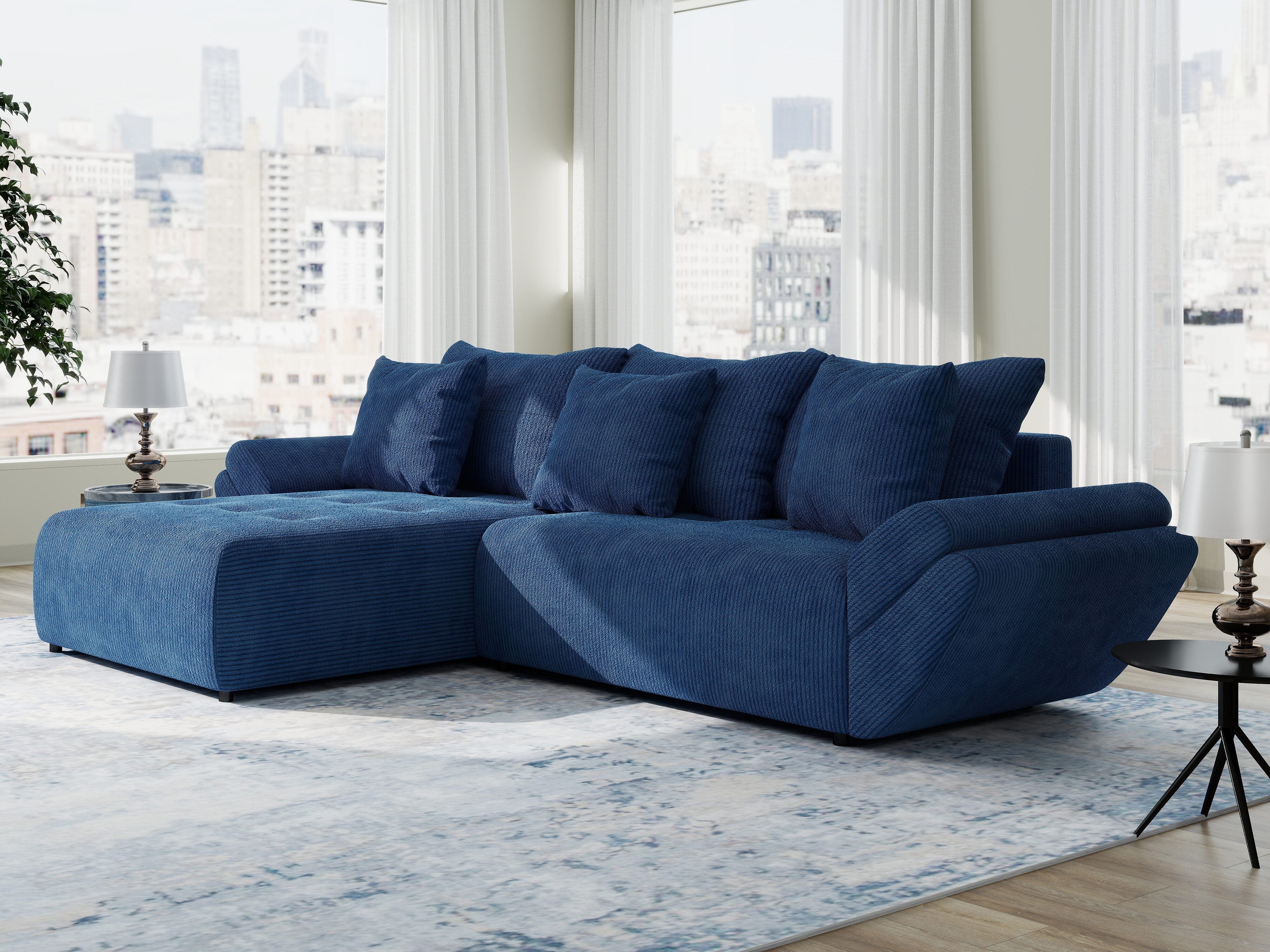 Colțar extensibil dumonde cu ladă de depozitare si sezut confortabil din spuma HR, Berlin Zoom Albastru 280x185 cm