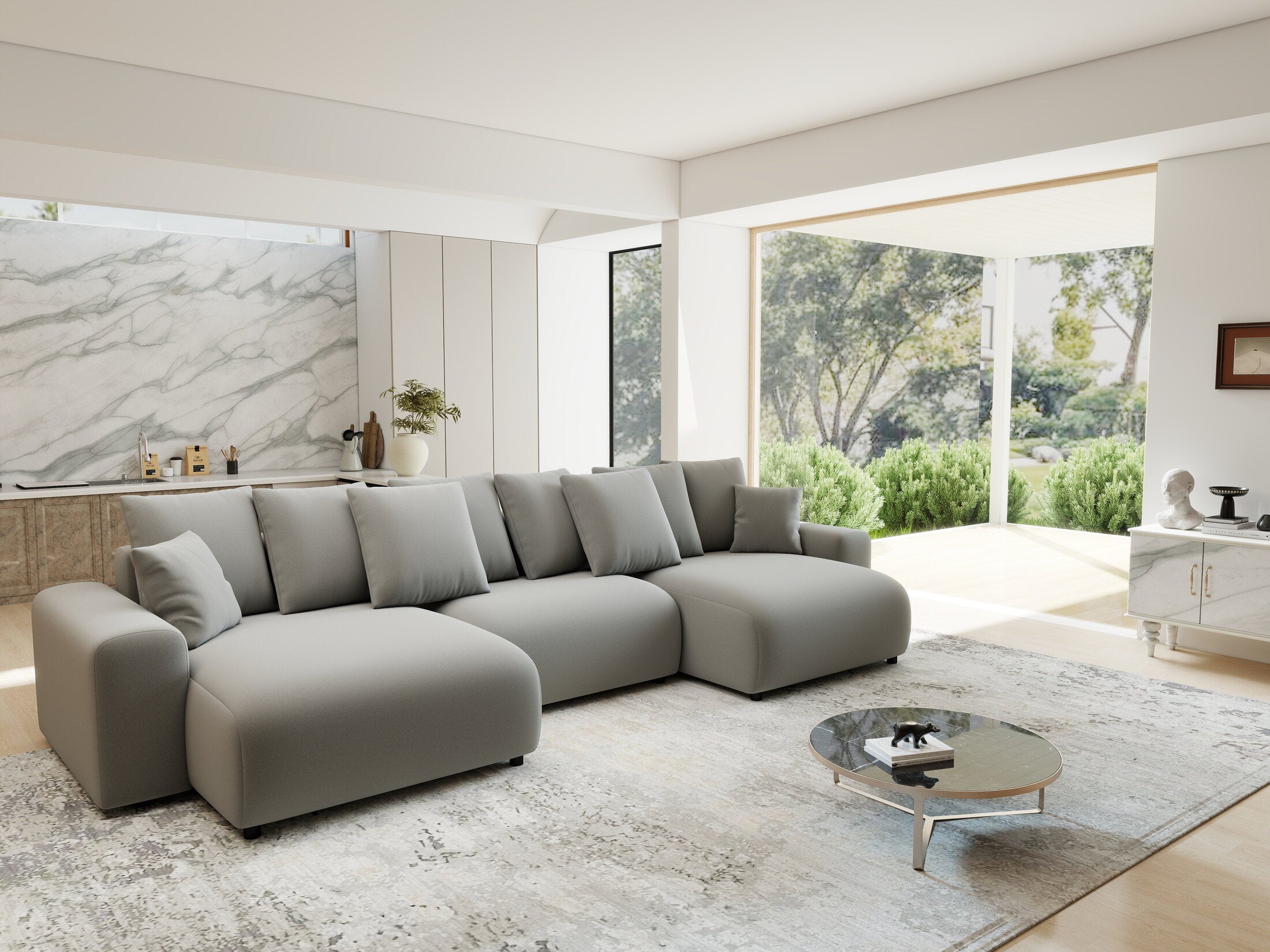 Colțar extensibil dumonde cu ladă de depozitare si sezut confortabil din spuma HR, Luma U Royal Gri 336x140 cm