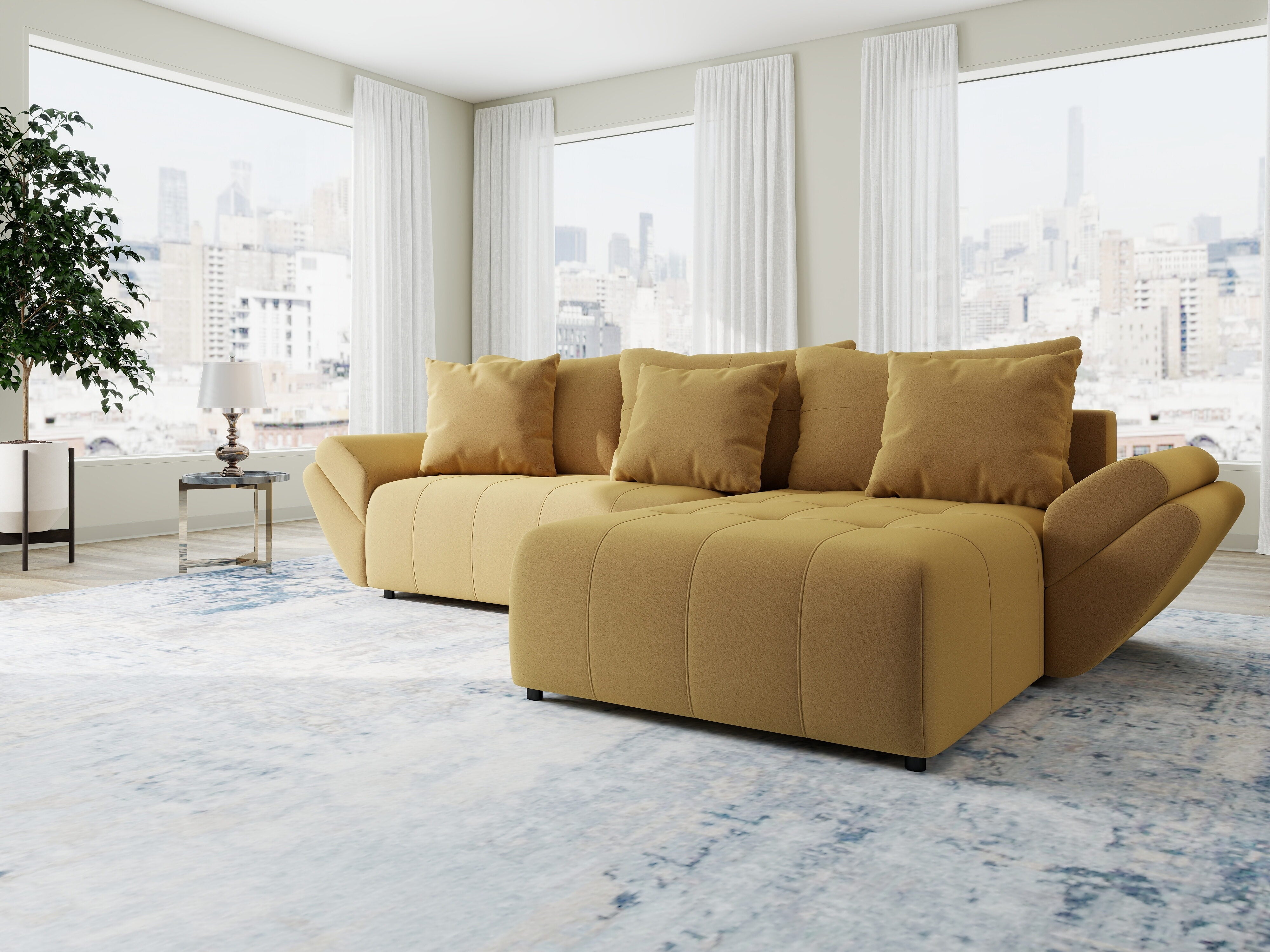 Colțar extensibil dumonde cu ladă de depozitare si sezut confortabil din spuma HR, Berlin Royal Galben Mustar 280x185 cm II