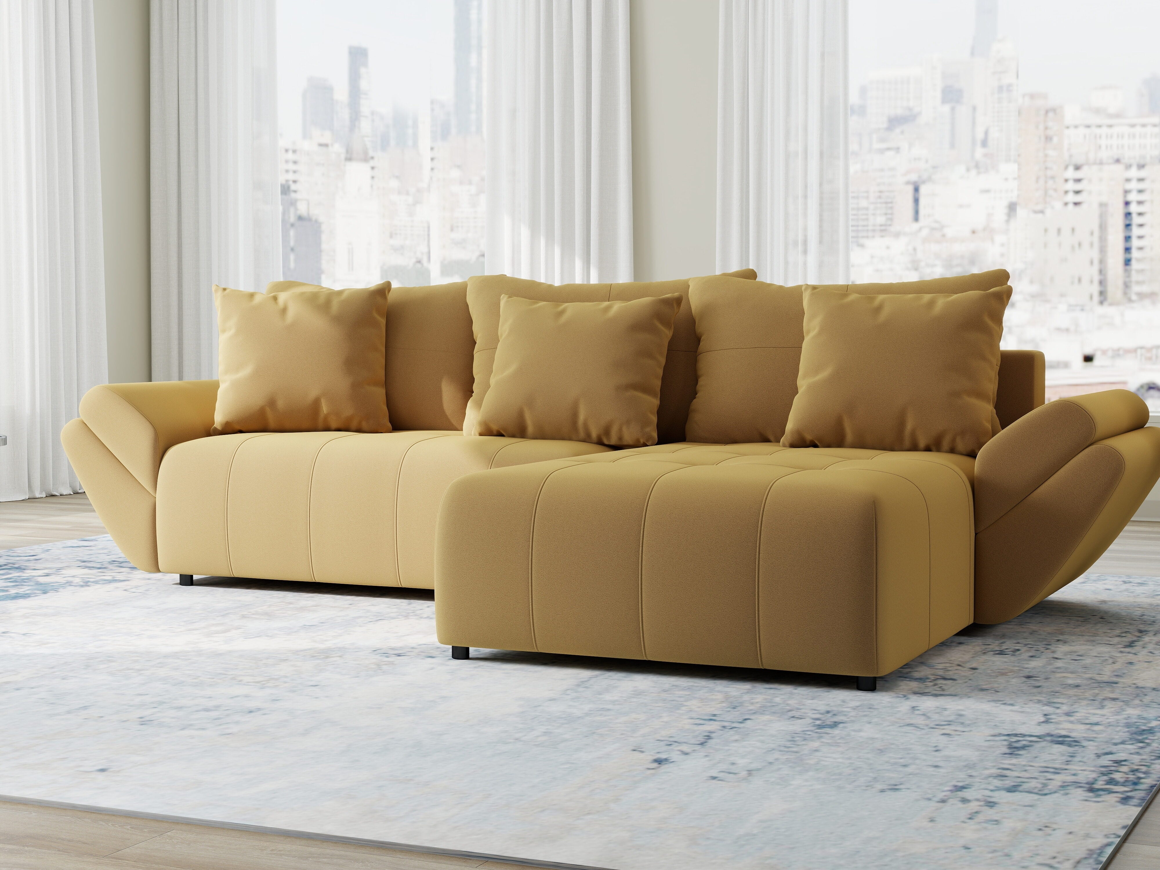 Colțar extensibil dumonde cu ladă de depozitare si sezut confortabil din spuma HR, Berlin Royal Galben Mustar 280x185 cm II