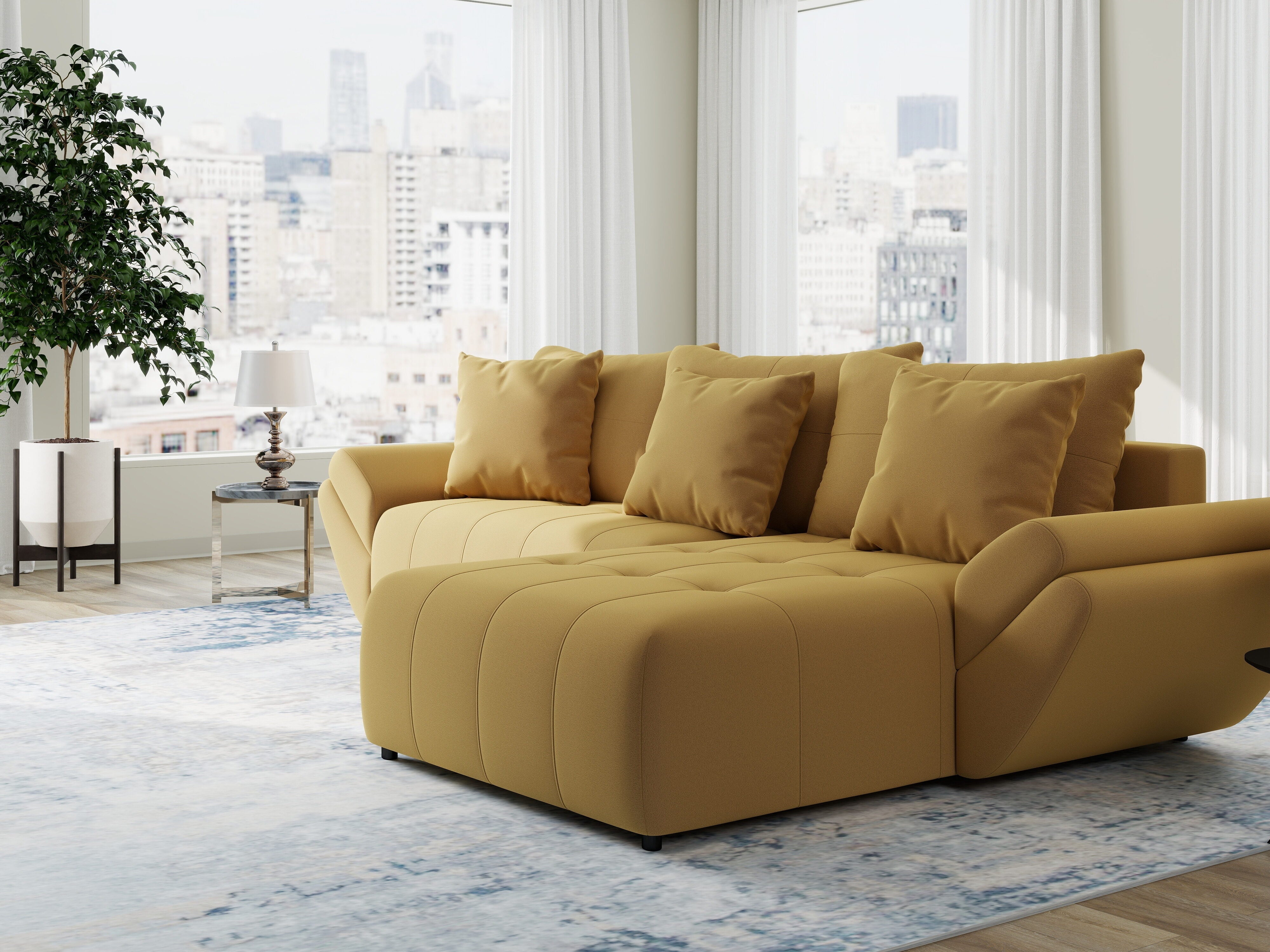 Colțar extensibil dumonde cu ladă de depozitare si sezut confortabil din spuma HR, Berlin Royal Galben Mustar 280x185 cm II