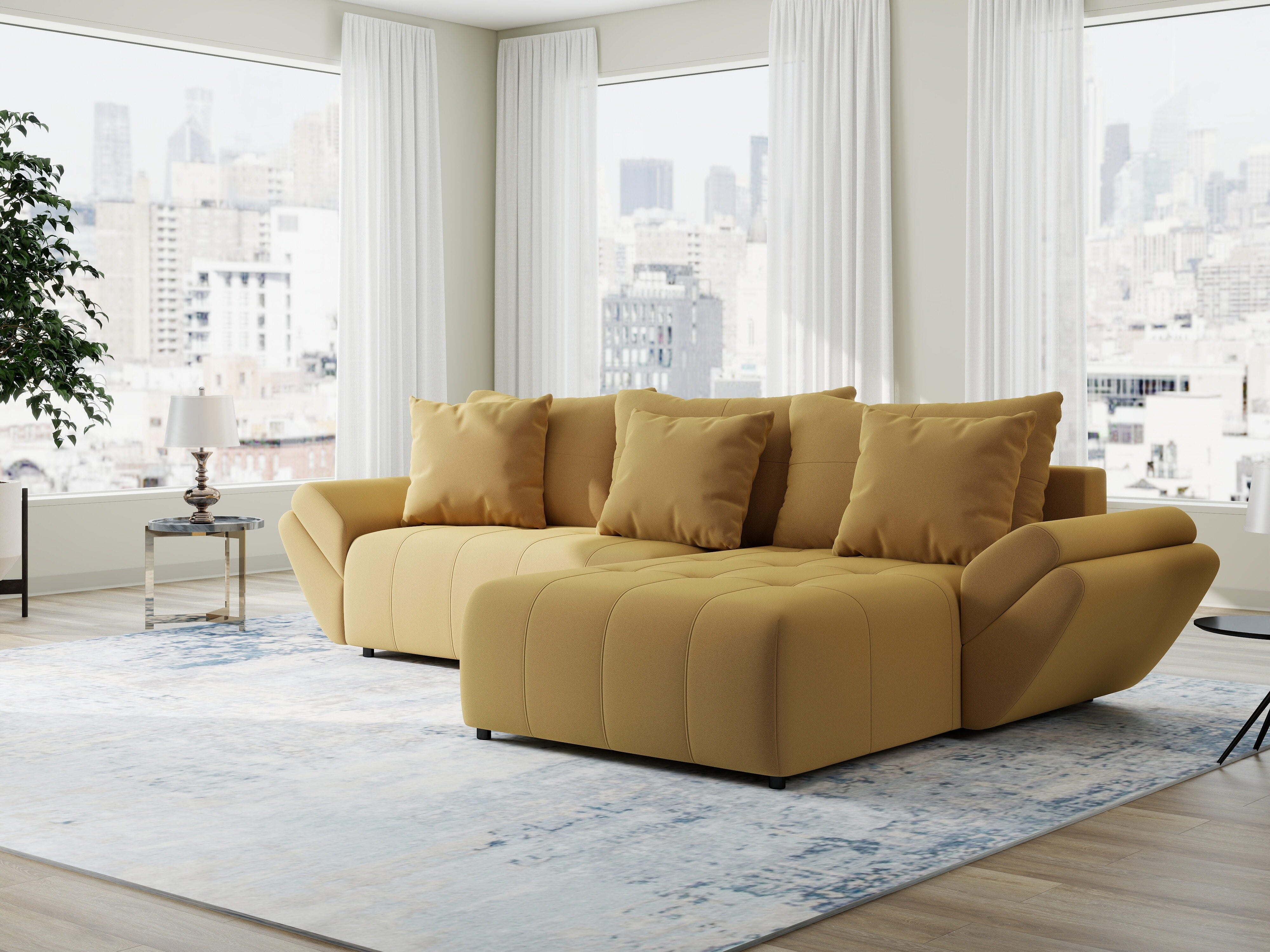 Colțar extensibil dumonde cu ladă de depozitare si sezut confortabil din spuma HR, Berlin Royal Galben Mustar 280x185 cm II