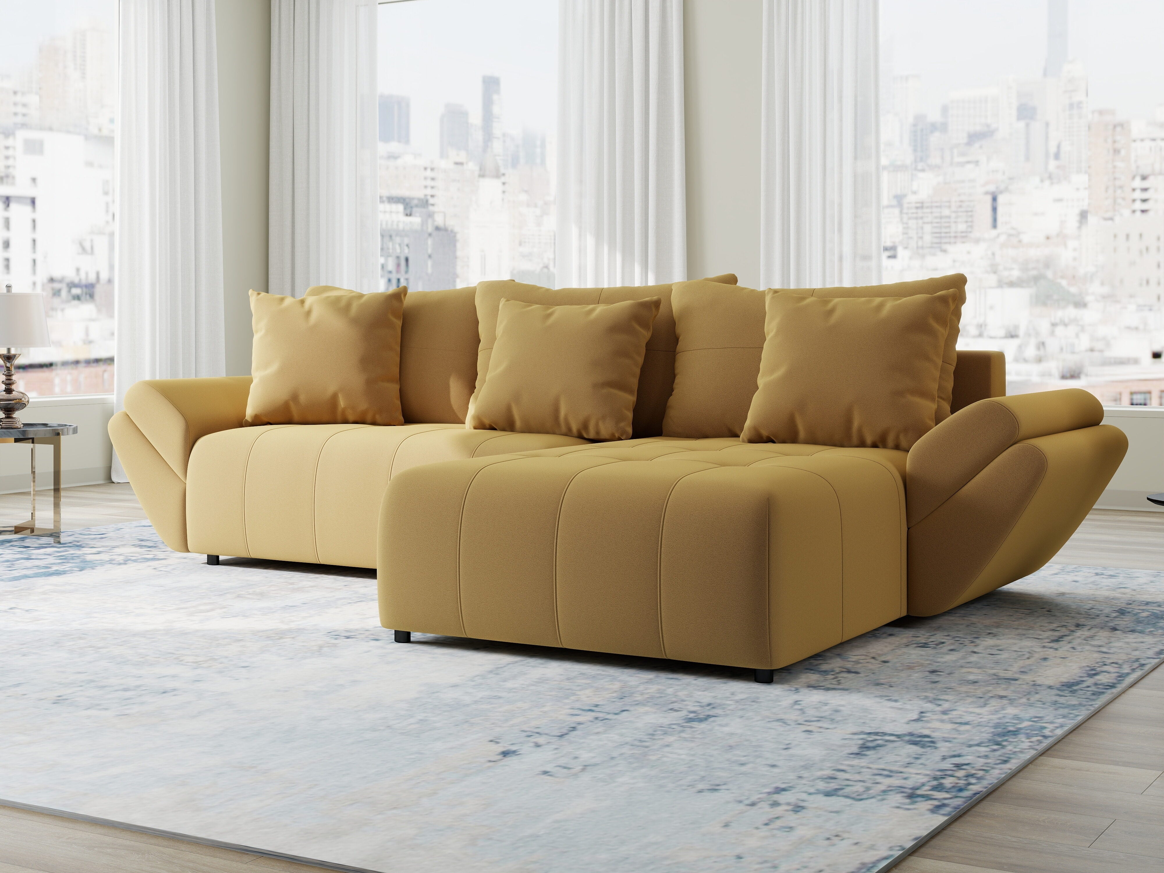 Colțar extensibil dumonde cu ladă de depozitare si sezut confortabil din spuma HR, Berlin Royal Galben Mustar 280x185 cm II