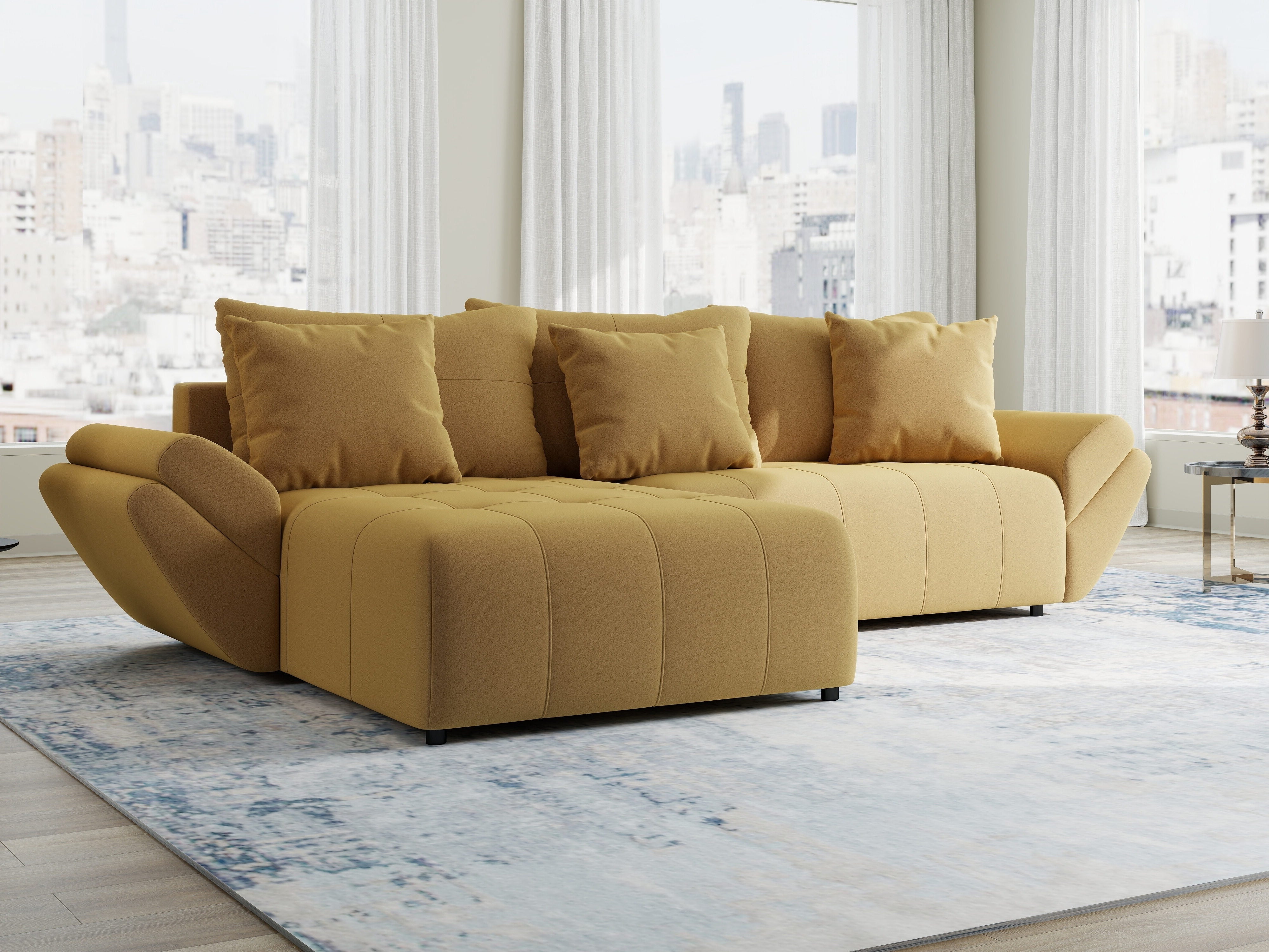 Colțar extensibil dumonde cu ladă de depozitare si sezut confortabil din spuma HR, Berlin Royal Galben Mustar 280x185 cm