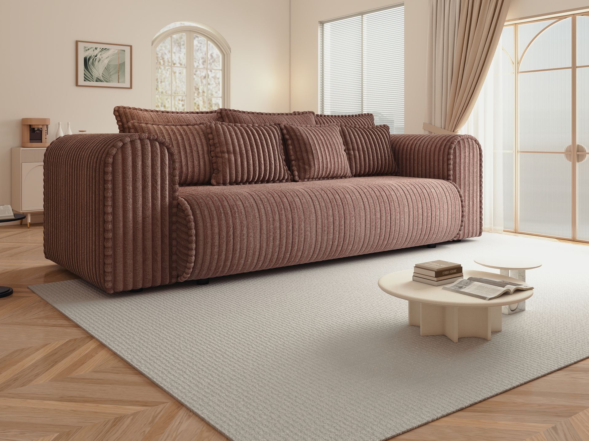 Canapea extensibilă dumonde cu ladă de depozitare si sezut confortabil din spuma high-density, Monaco Mica Tilia Roz 240x100 cm