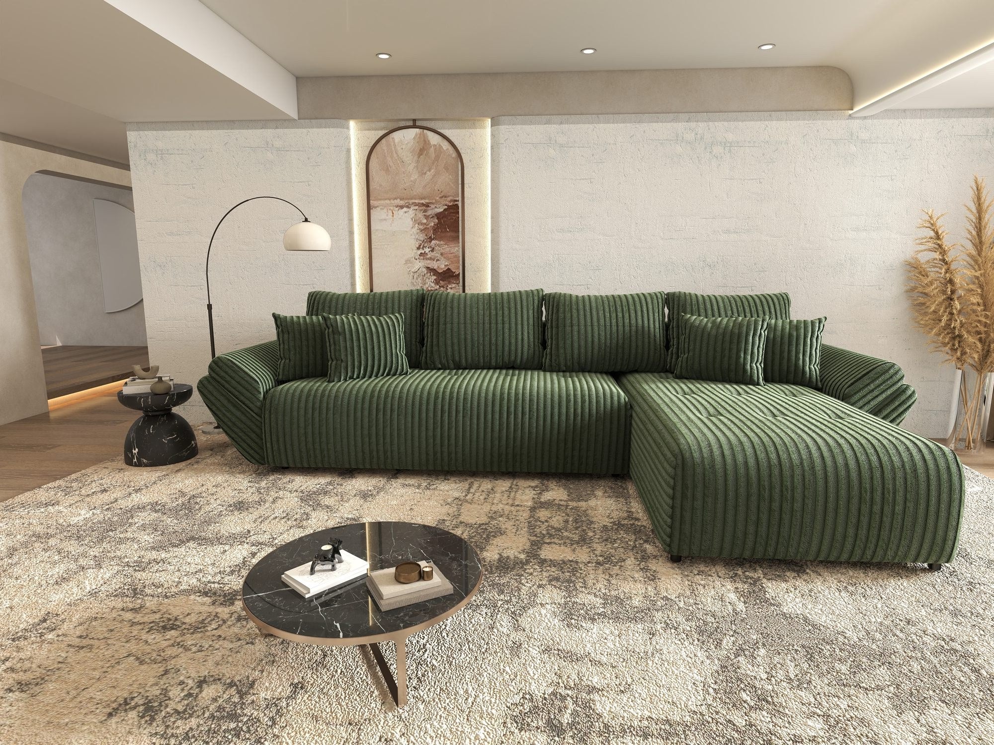 Colțar extensibil dumonde cu ladă de depozitare si sezut confortabil din spuma high-density, Berlin XL Tilia Verde 39 II 350x185 cm