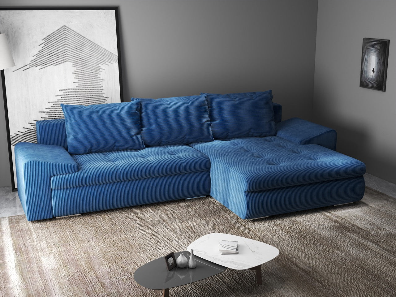 Colțar extensibil dumonde cu ladă de depozitare si sezut confortabil din spuma HR, Leonardo Zoom Albastru 260x185 cm II Fabrica