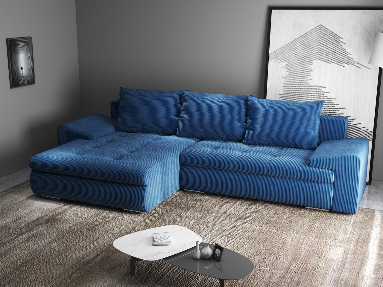 Colțar extensibil dumonde cu ladă de depozitare si sezut confortabil din spuma HR, Leonardo Zoom Albastru 260x185 cm Fabrica