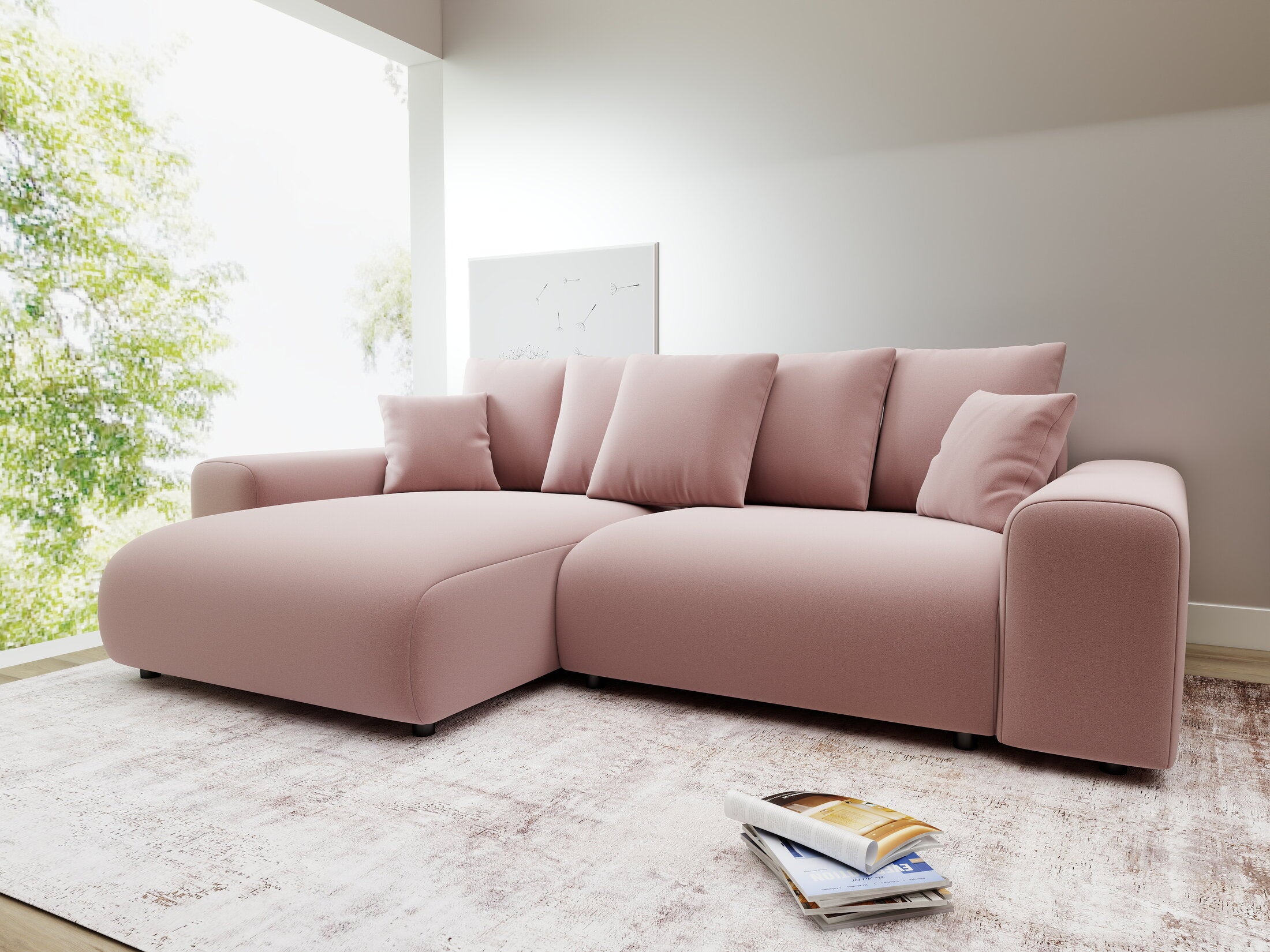 Colțar extensibil dumonde cu ladă de depozitare și șezut confortabil din spumă HR, Luma Royal Roz 255x168 cm