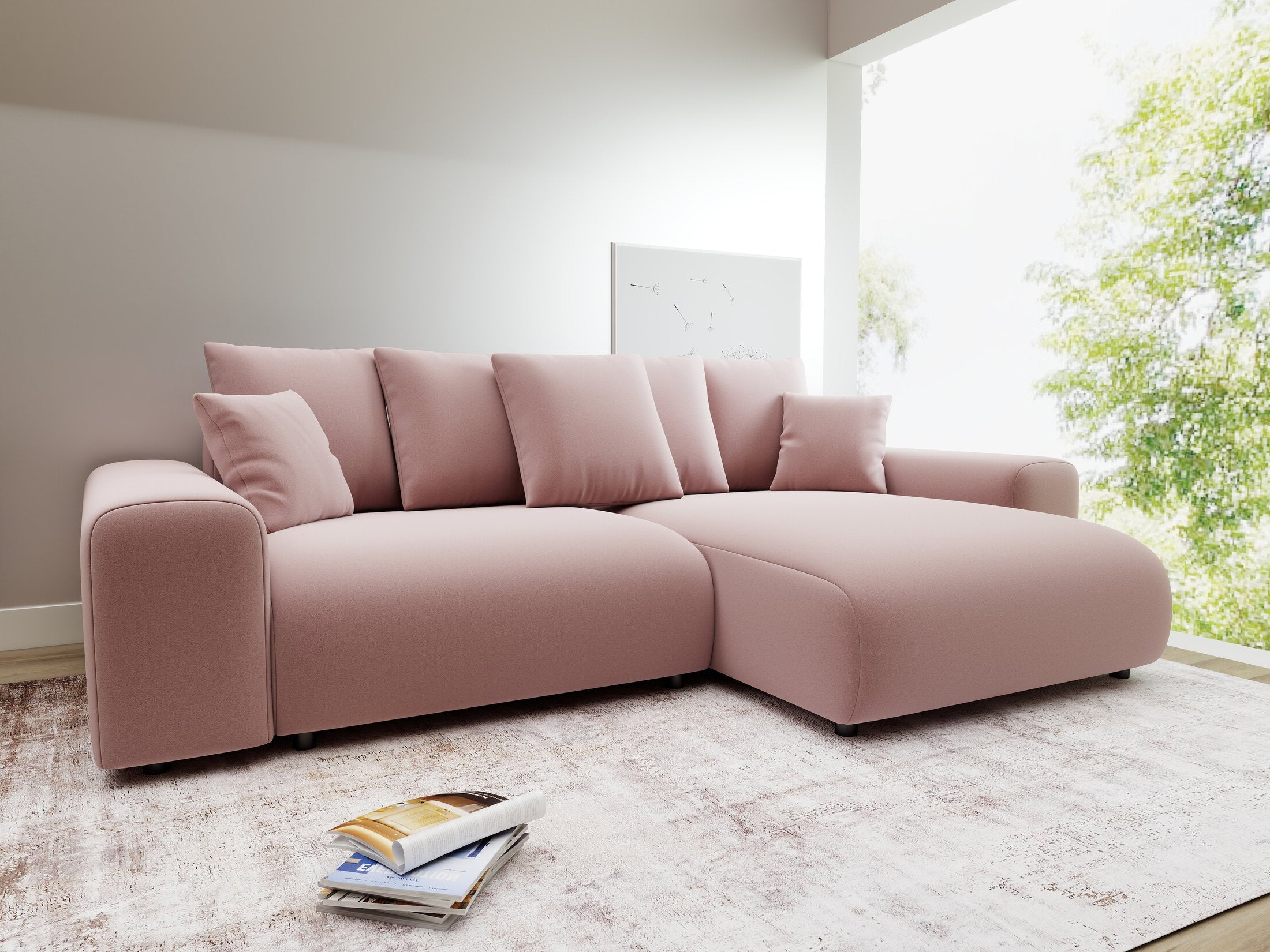 Colțar extensibil dumonde cu ladă de depozitare și șezut confortabil din spumă HR, Luma Royal Roz 255x168 cm II