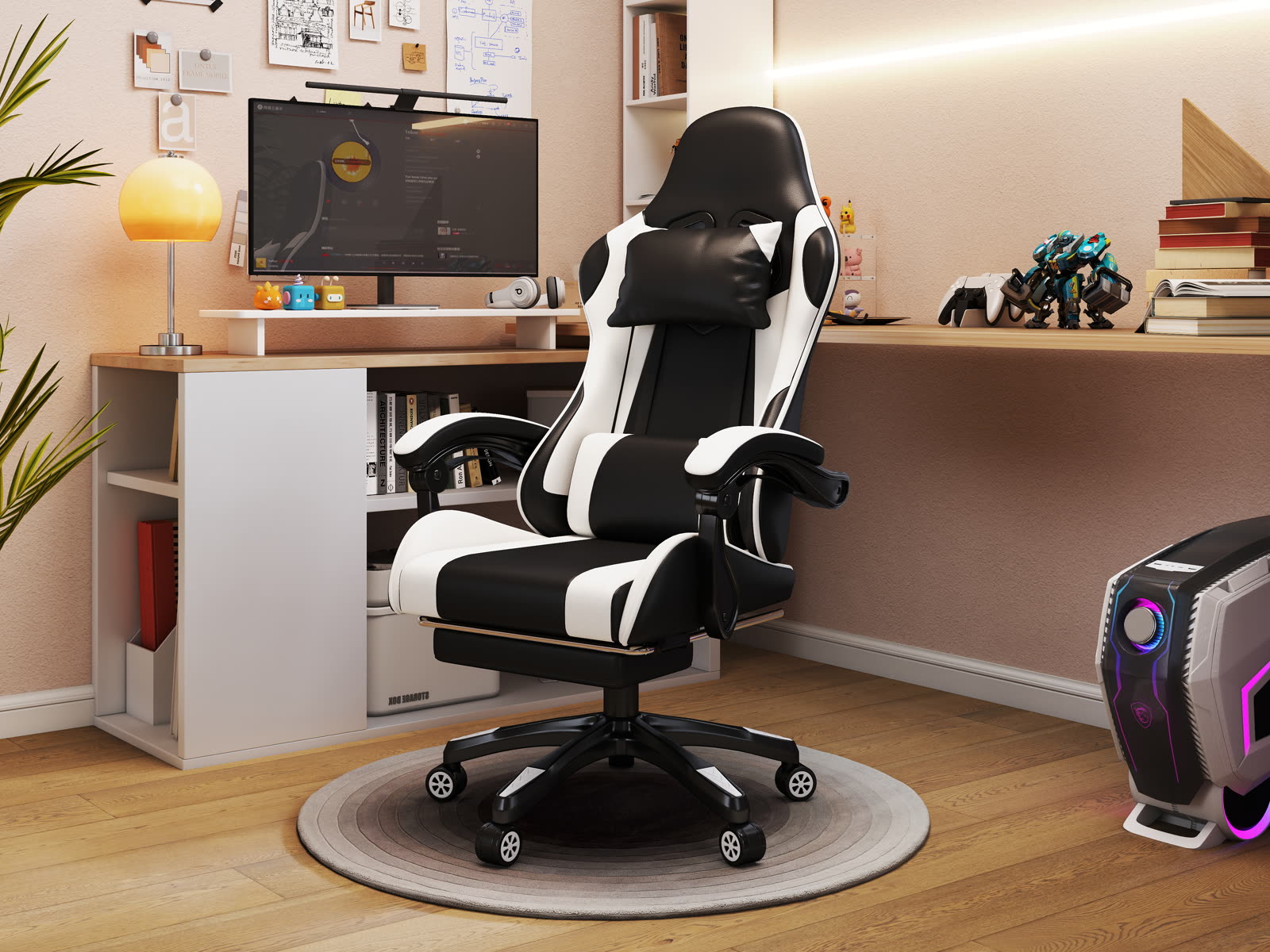 Scaun gaming Dumonde VIPER, mecanism multifuncțional, ecopiele, suport picioare, alb/negru