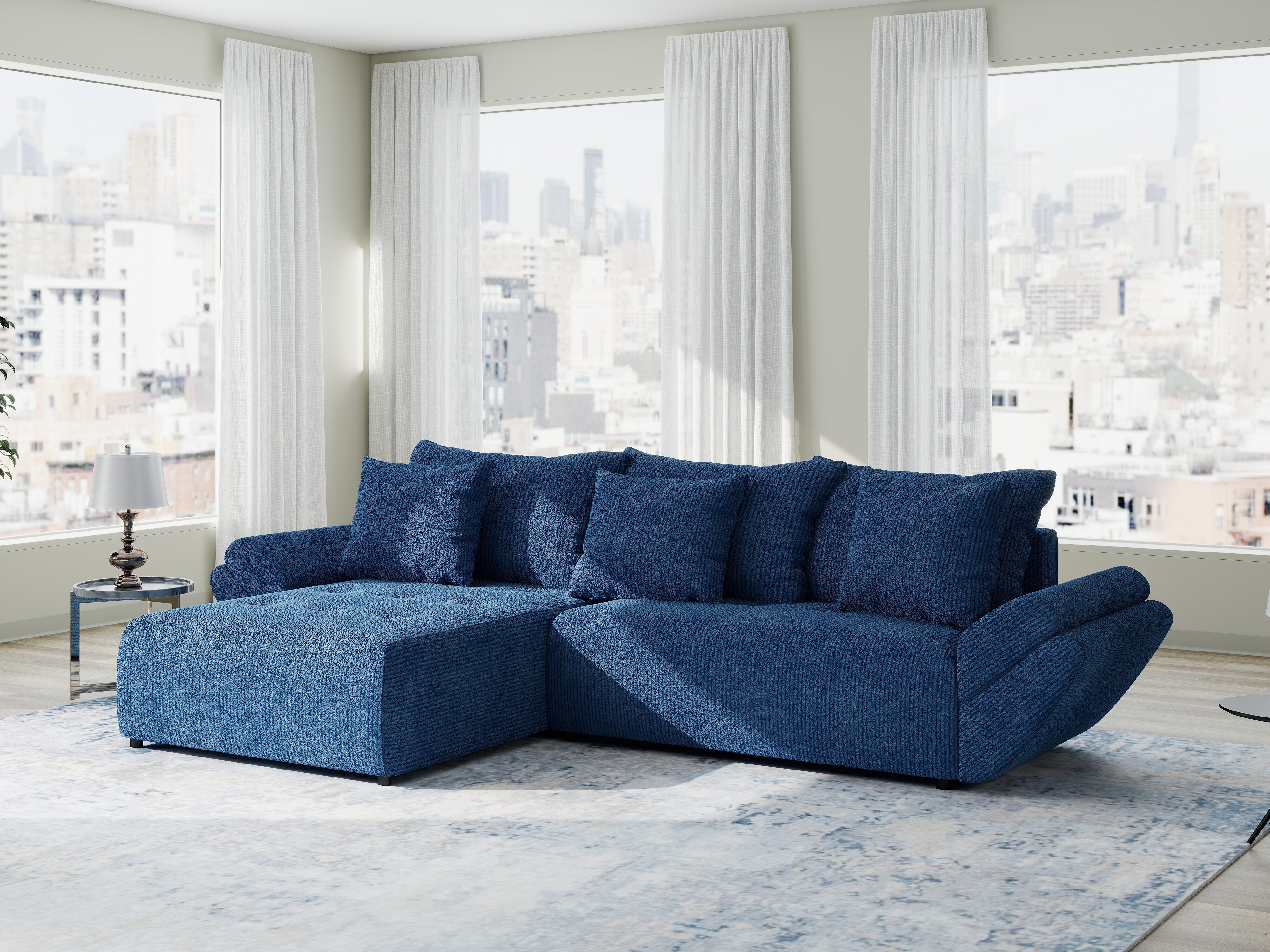 Colțar extensibil dumonde cu ladă de depozitare si sezut confortabil din spuma HR, Berlin Zoom Albastru 280x185 cm