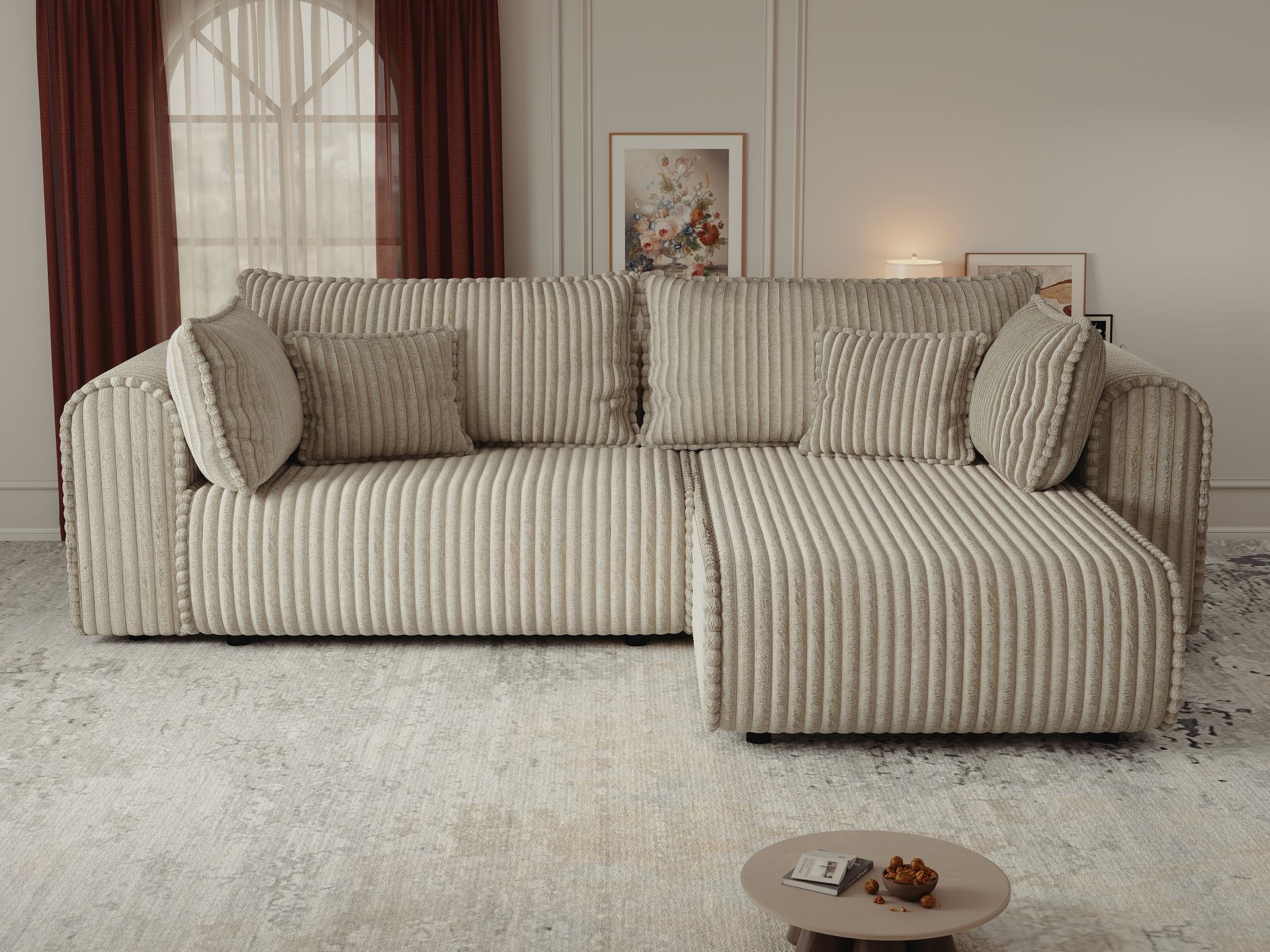 Colțar extensibil dumonde cu ladă de depozitare si sezut confortabil din spuma high-density, Monaco L Tilia Bej II 270x100 cm