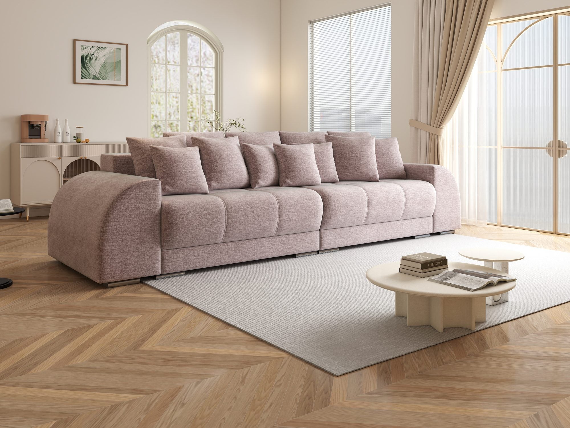 Canapea extensibilă dumonde cu 2 lăzi de depozitare si sezut confortabil din spuma high-density, Verona Monolith Roz Pudrat 62 310x100 cm