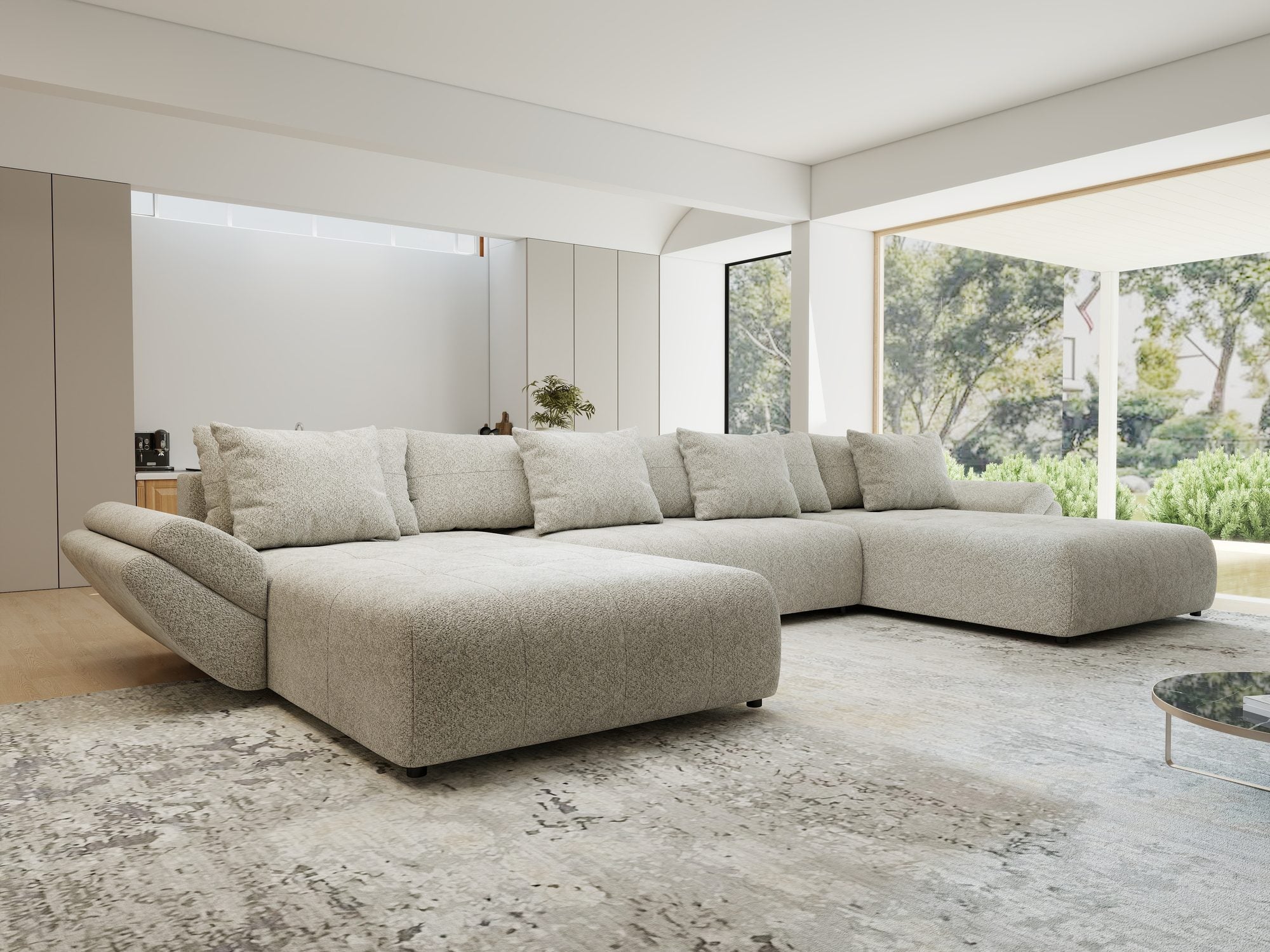 Colțar extensibil dumonde cu ladă de depozitare si sezut confortabil din spuma high-density, Berlin U Arena Bej 2 380x180 cm