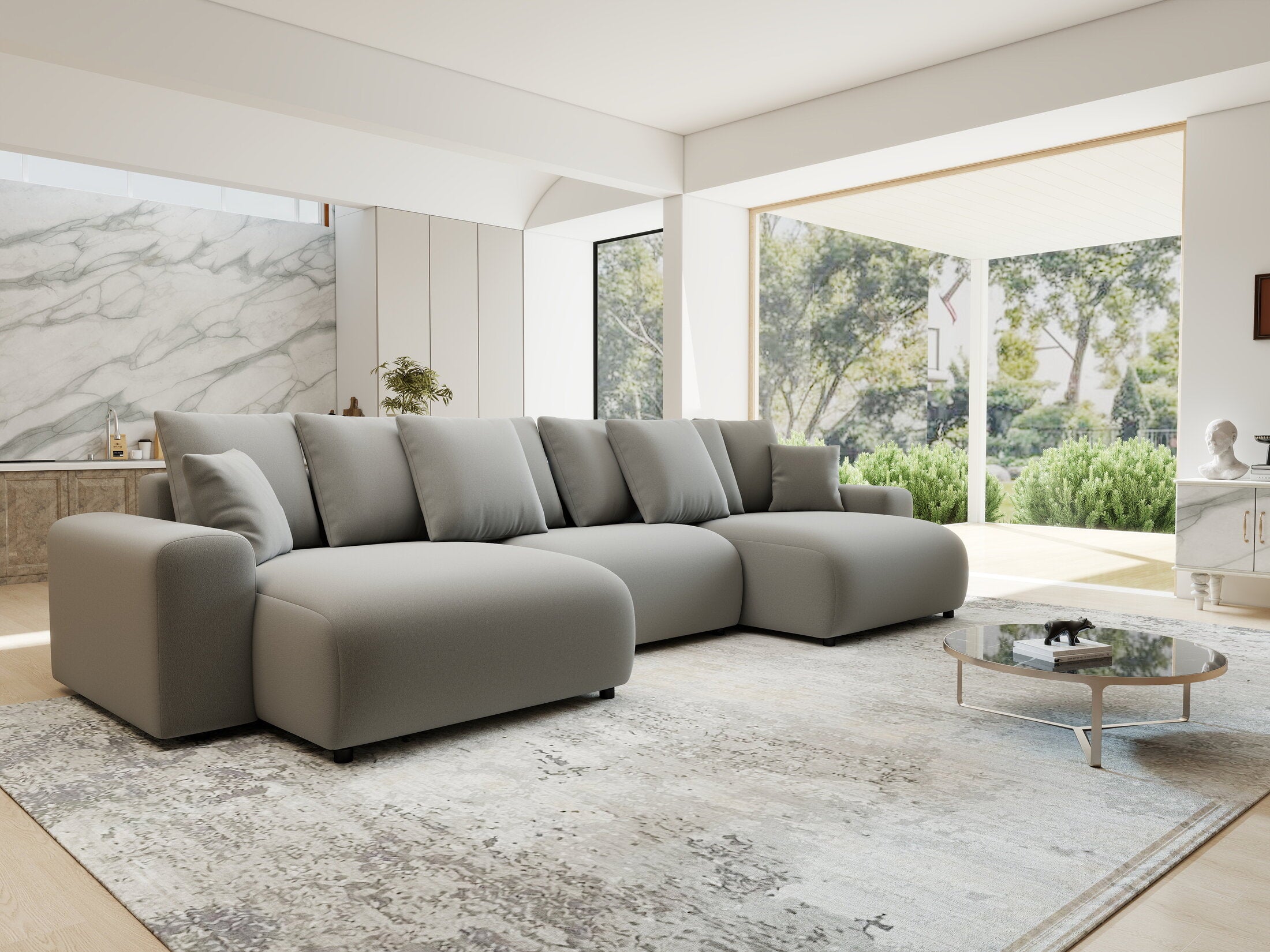 Colțar extensibil dumonde cu ladă de depozitare si sezut confortabil din spuma HR, Luma U Royal Gri 336x140 cm