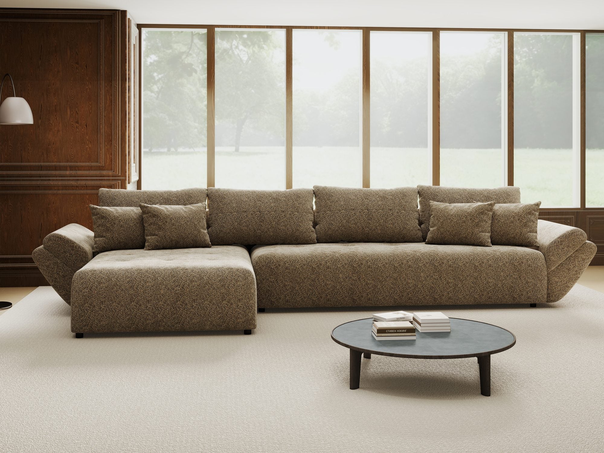 Colțar extensibil dumonde cu ladă de depozitare si sezut confortabil din spuma high-density, Berlin XL Arena Bej 4 350x185 cm