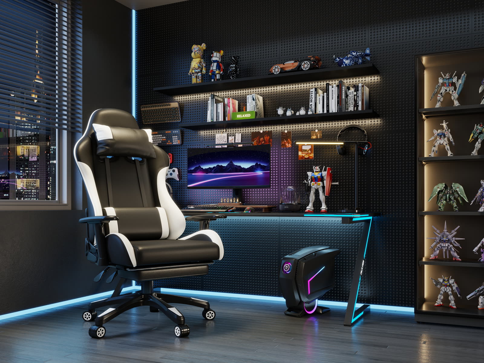 Scaun gaming Dumonde RAVEN X, mecanism multifuncțional, ecopiele, suport picioare, negru