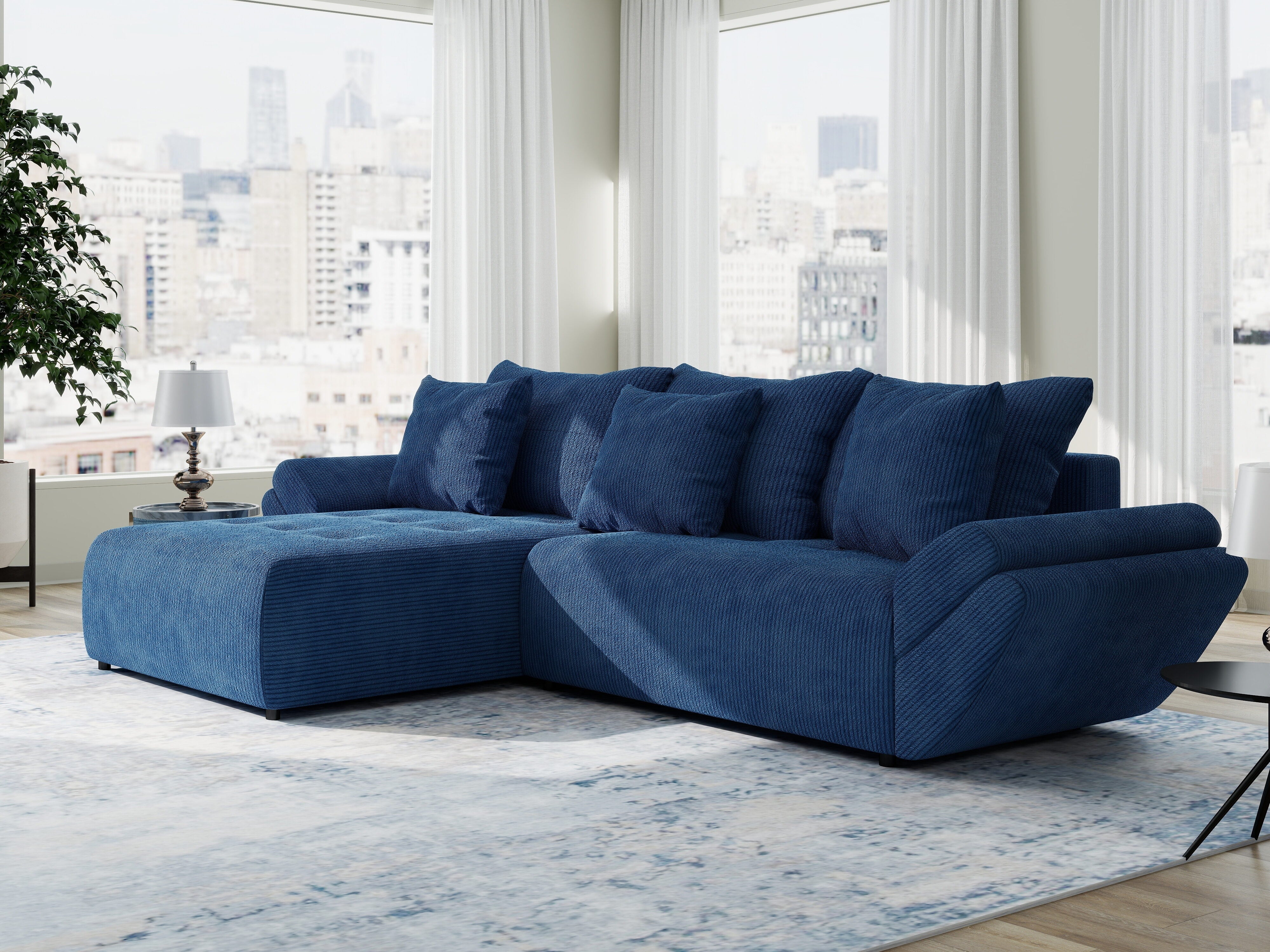 Colțar extensibil dumonde cu ladă de depozitare si sezut confortabil din spuma HR, Berlin Zoom Albastru 280x185 cm