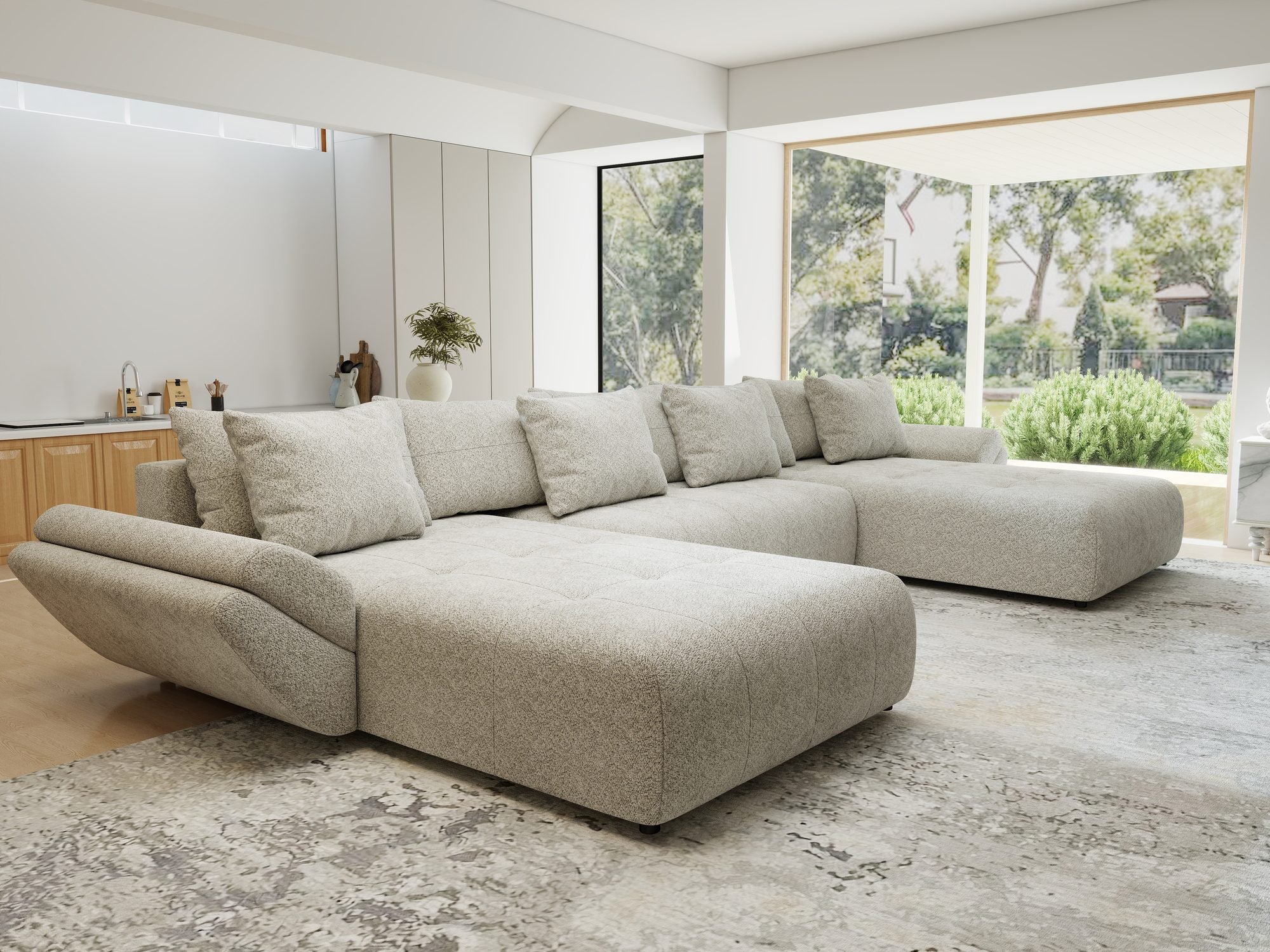 Colțar extensibil dumonde cu ladă de depozitare si sezut confortabil din spuma high-density, Berlin U Arena Bej 2 380x180 cm