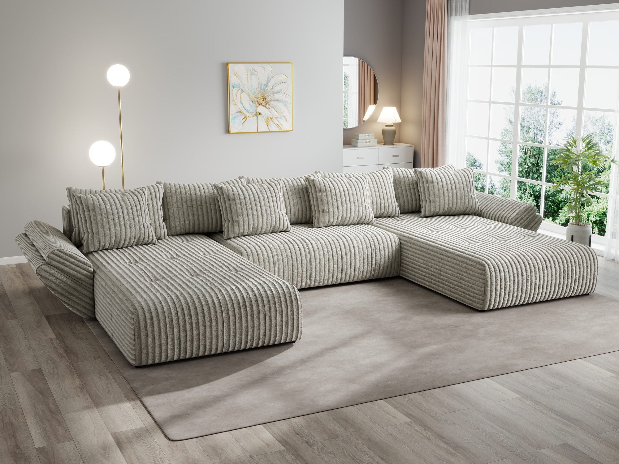Colțar extensibil dumonde cu ladă de depozitare si sezut confortabil din spuma high-density, Berlin U Tilia Gri- Bej 11 380x180 cm