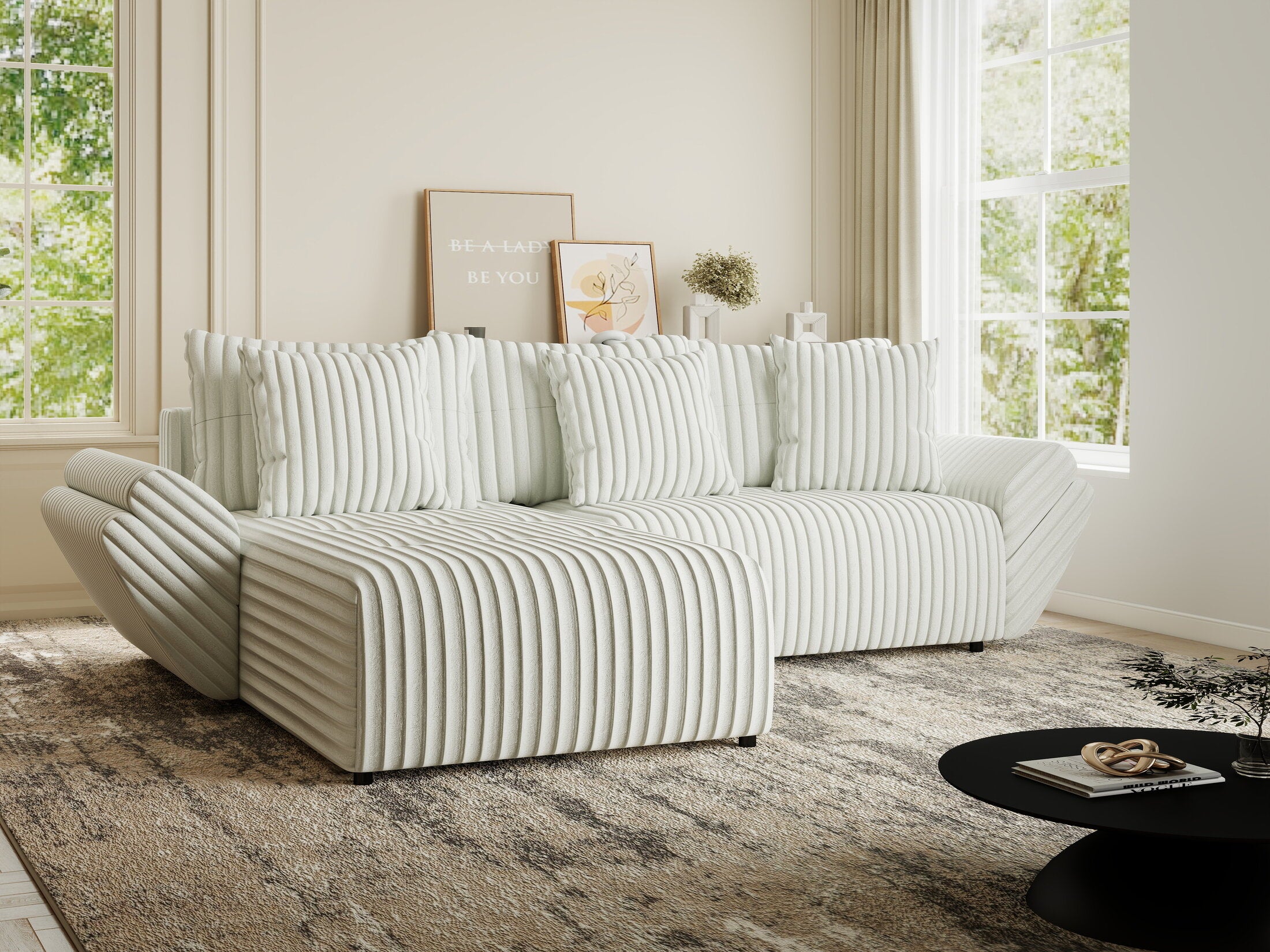 Colțar extensibil dumonde cu ladă de depozitare si sezut confortabil din spuma HR, Berlin Ambience Alb 280x185 cm