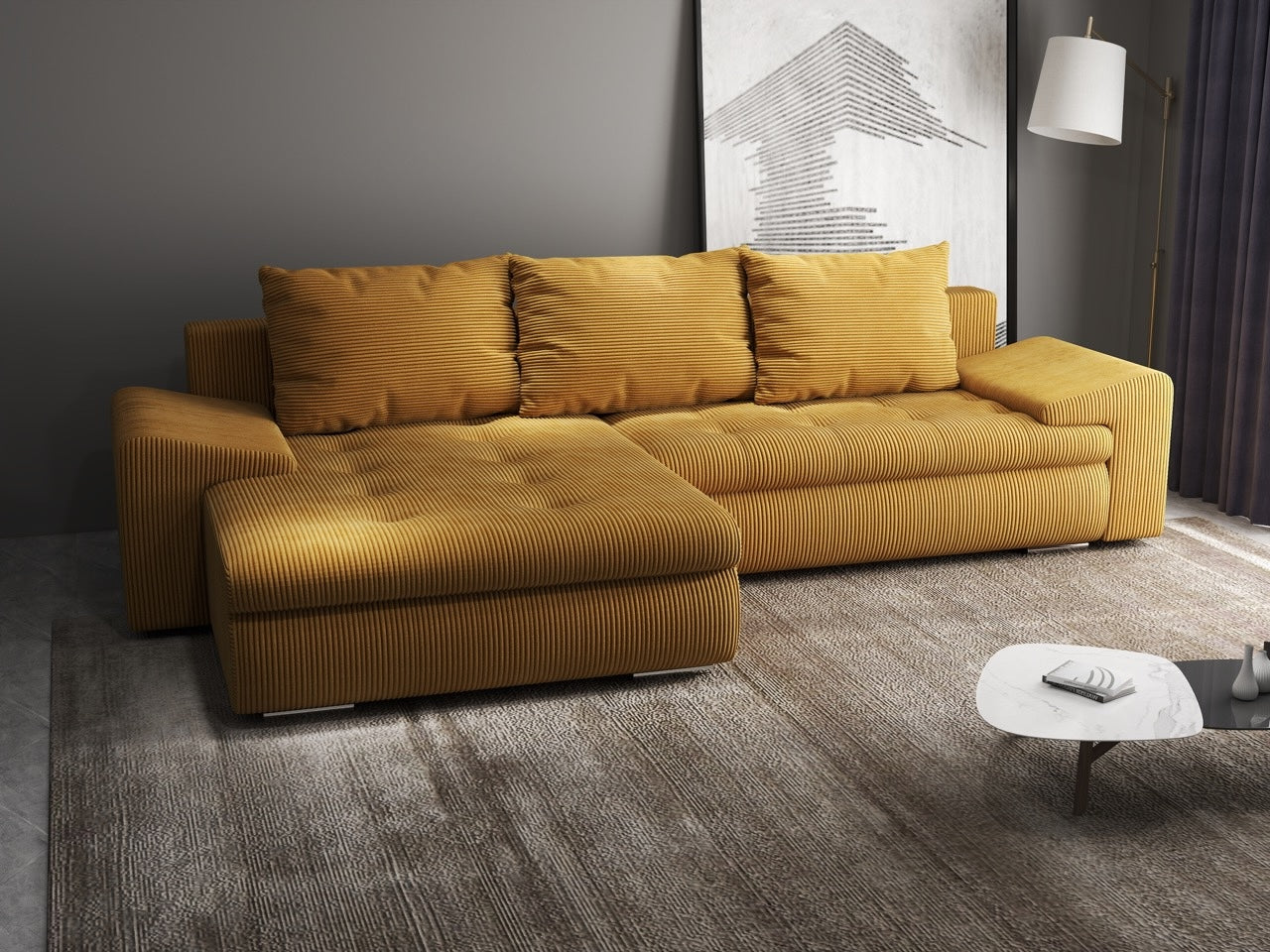 Colțar extensibil dumonde cu ladă de depozitare si sezut confortabil din spuma HR, Leonardo Zoom Mustar 260x185 cm Fabrica