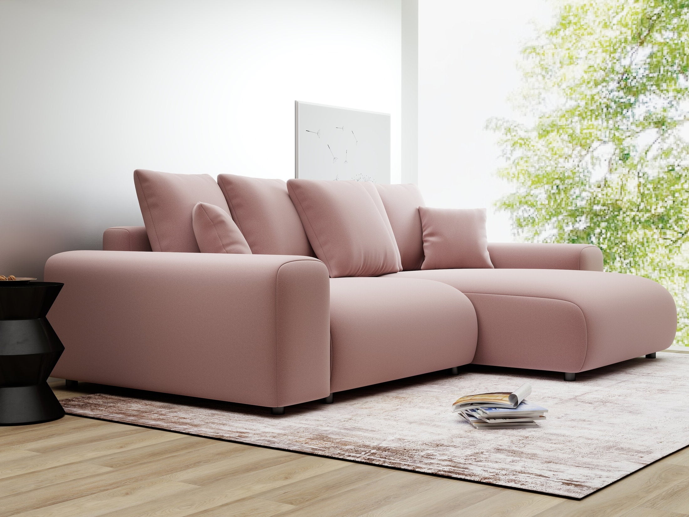 Colțar extensibil dumonde cu ladă de depozitare și șezut confortabil din spumă HR, Luma Royal Roz 255x168 cm II