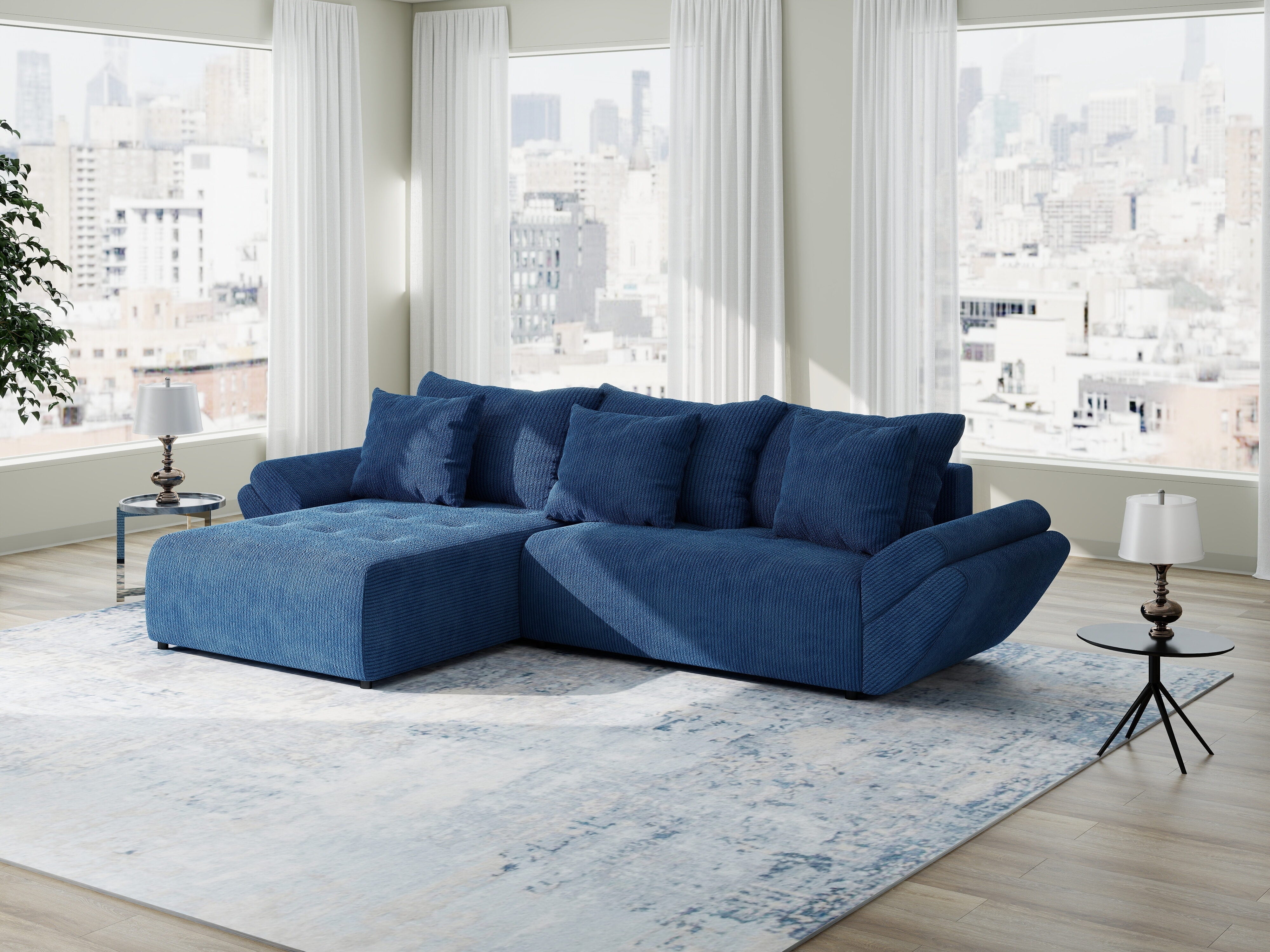 Colțar extensibil dumonde cu ladă de depozitare si sezut confortabil din spuma HR, Berlin Zoom Albastru 280x185 cm