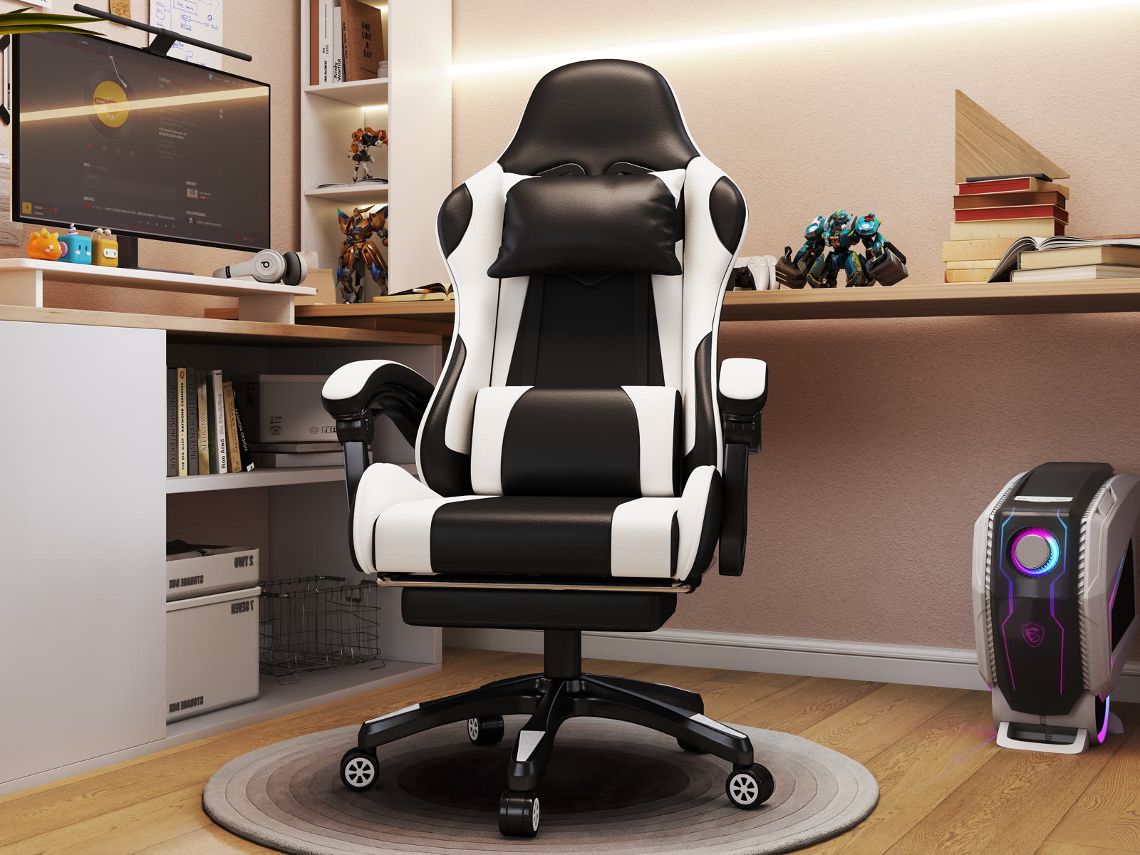 Scaun gaming Dumonde VIPER, mecanism multifuncțional, ecopiele, suport picioare, alb/negru