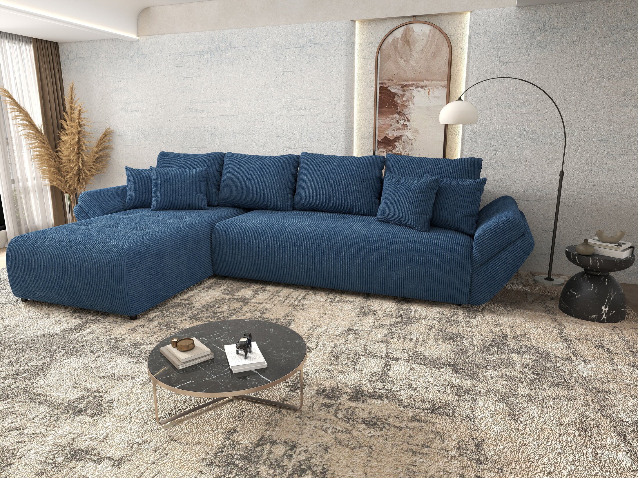 Colțar extensibil dumonde cu ladă de depozitare si sezut confortabil din spuma HR, Berlin XL Zoom Blue 350x185 cm