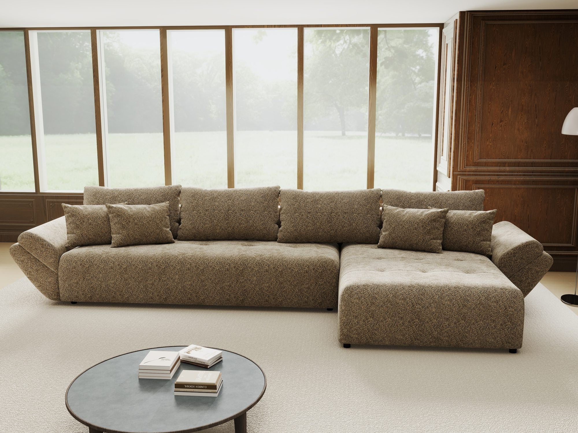 Colțar extensibil dumonde cu ladă de depozitare si sezut confortabil din spuma high-density, Berlin XL Arena Bej 4 II 350x185 cm
