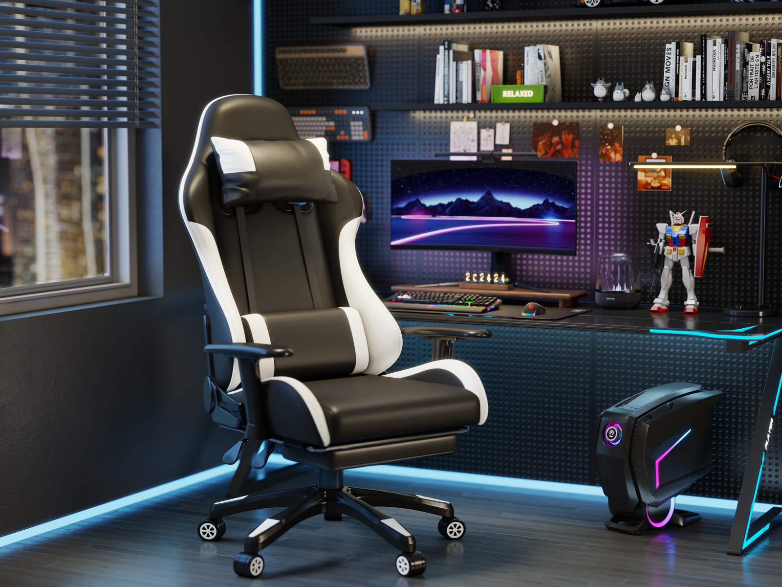 Scaun gaming Dumonde RAVEN X, mecanism multifuncțional, ecopiele, suport picioare, negru