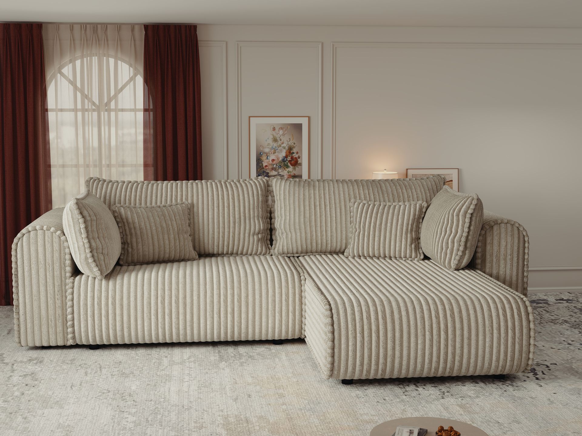 Colțar extensibil dumonde cu ladă de depozitare si sezut confortabil din spuma high-density, Monaco L Tilia Bej II 270x100 cm