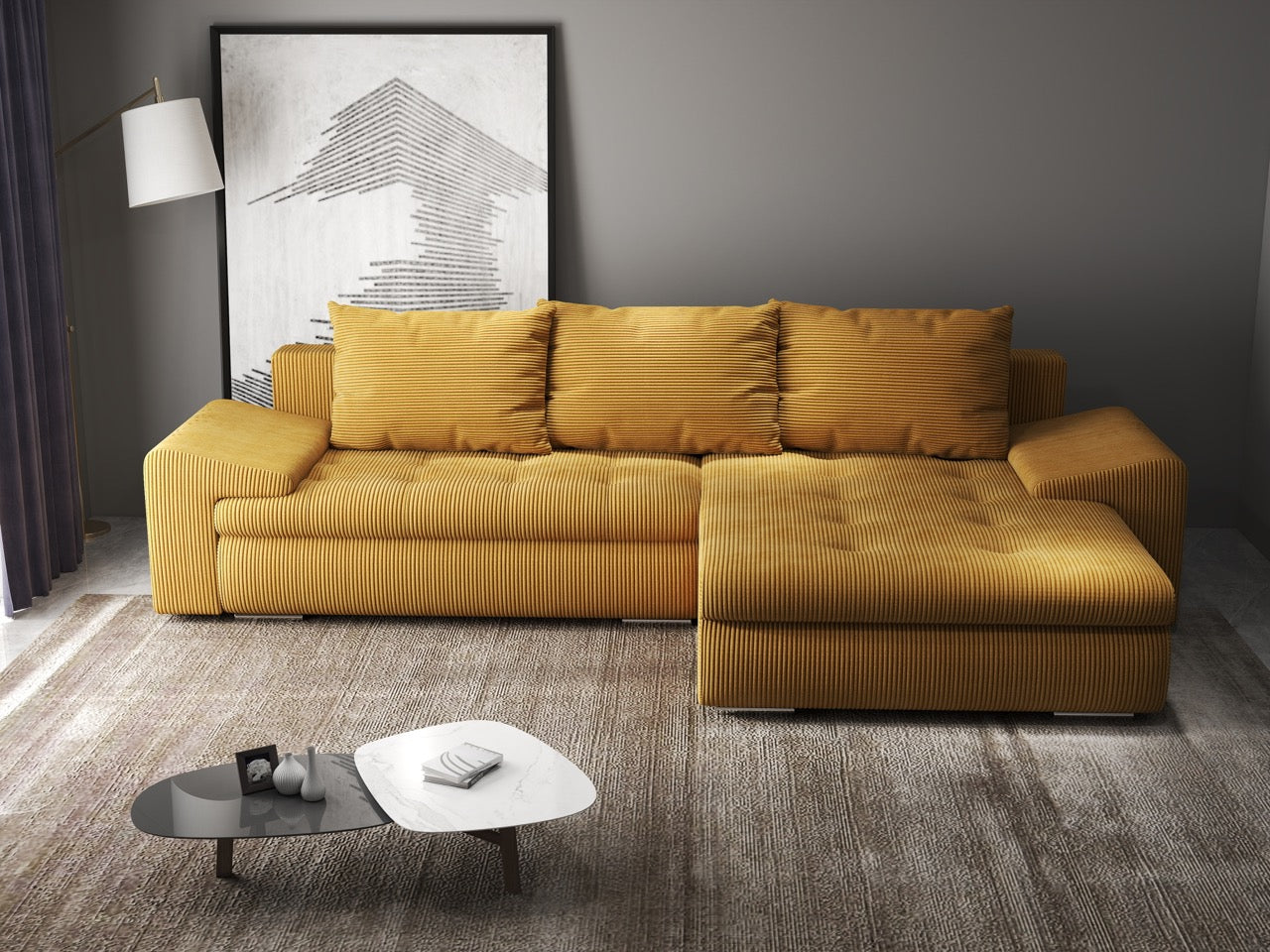 Colțar extensibil dumonde cu ladă de depozitare si sezut confortabil din spuma HR, Leonardo Zoom Mustar 260x185 cm II Fabrica