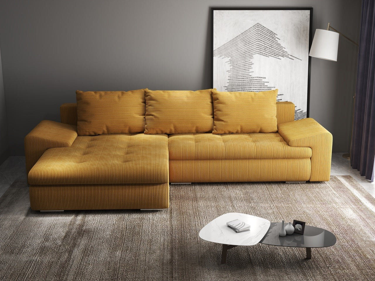 Colțar extensibil dumonde cu ladă de depozitare si sezut confortabil din spuma HR, Leonardo Zoom Mustar 260x185 cm Fabrica