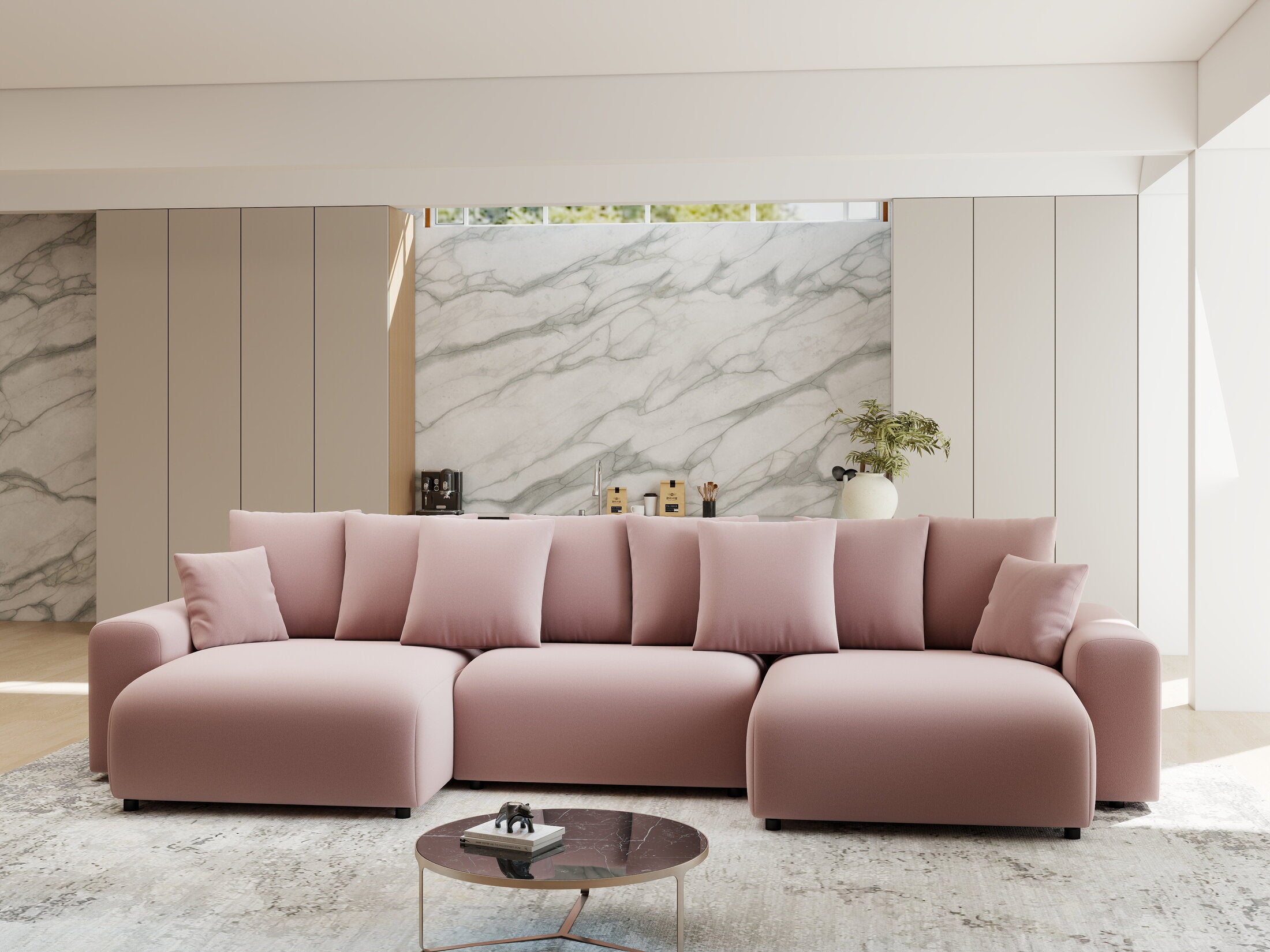 Colțar extensibil dumonde cu ladă de depozitare si sezut confortabil din spuma HR, Luma U Royal Roz 336x140 cm