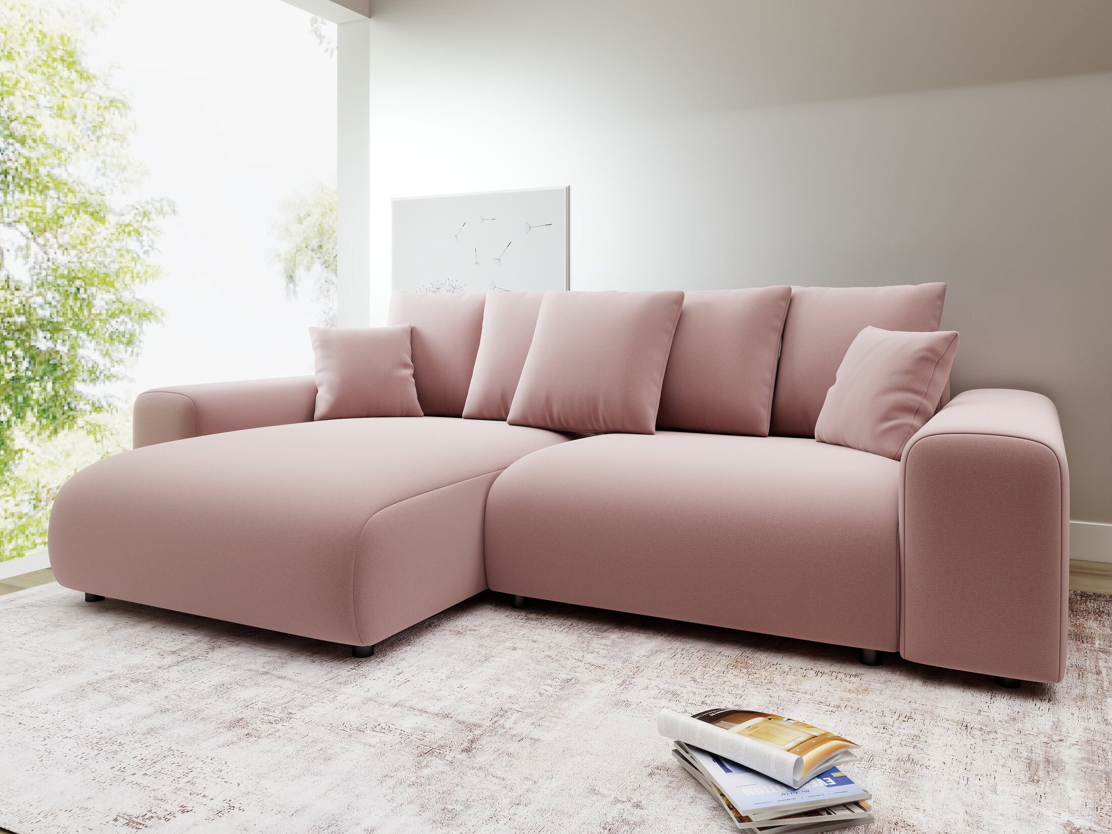 Colțar extensibil dumonde cu ladă de depozitare și șezut confortabil din spumă HR, Luma Royal Roz 255x168 cm