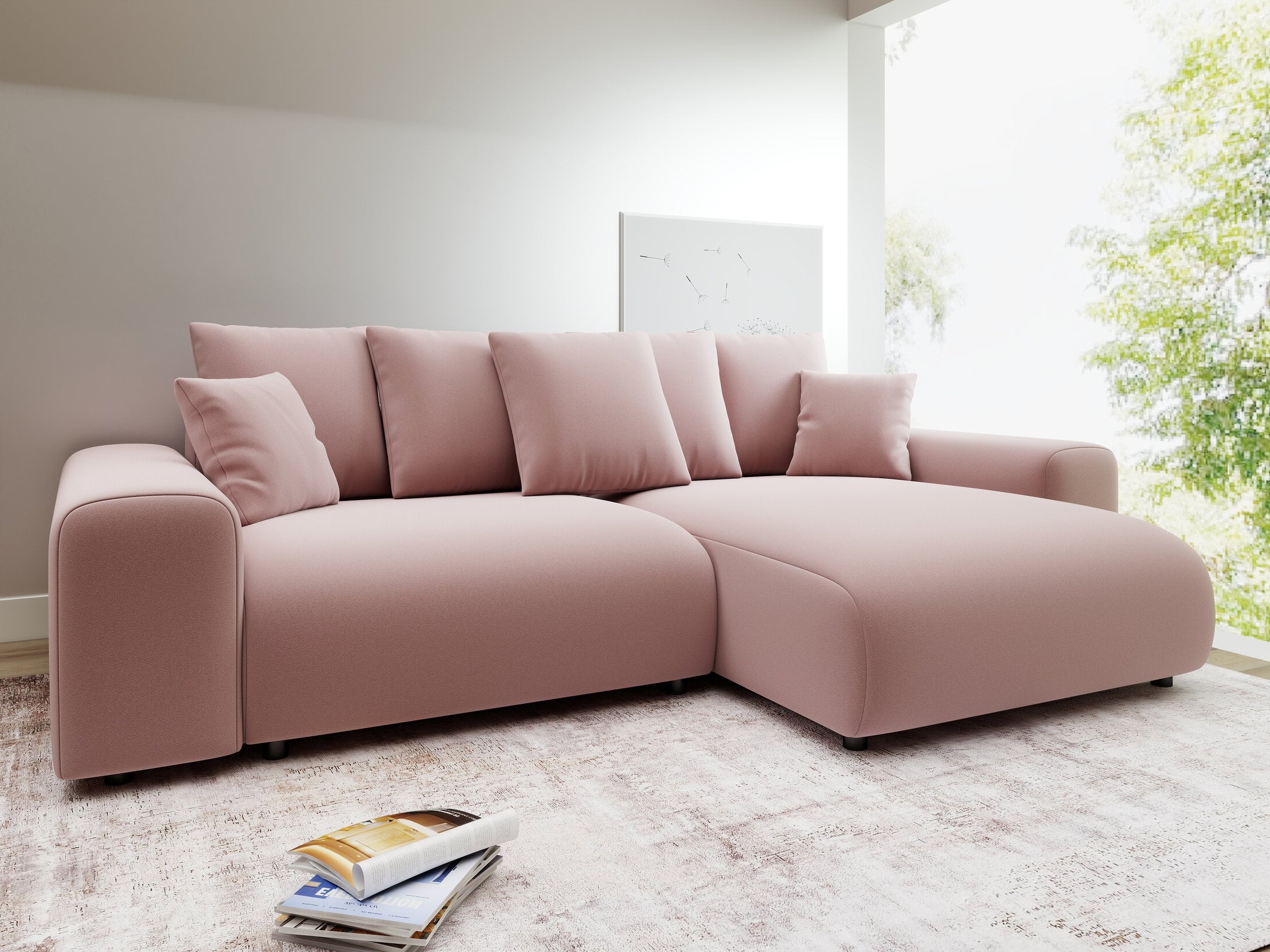 Colțar extensibil dumonde cu ladă de depozitare și șezut confortabil din spumă HR, Luma Royal Roz 255x168 cm II