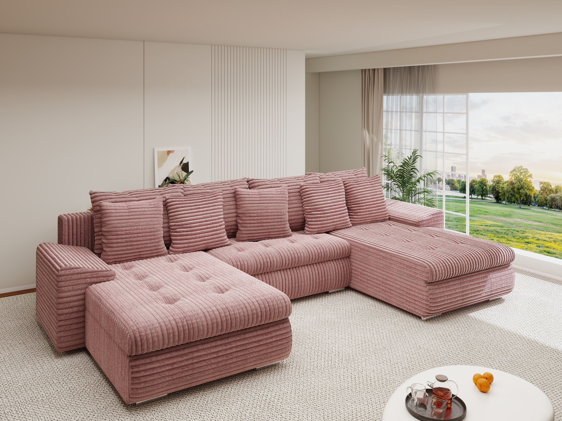 Colțar extensibil dumonde cu ladă de depozitare si sezut confortabil din spuma high-density, Leonardo U Tilia Roz Pudrat 62 360x185 cm