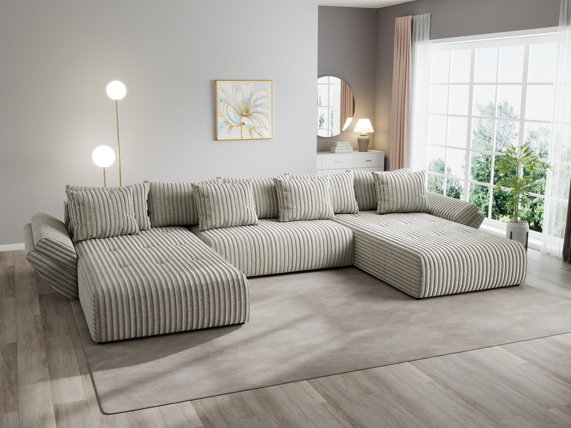 Colțar extensibil dumonde cu ladă de depozitare si sezut confortabil din spuma high-density, Berlin U Tilia Gri- Bej 11 380x180 cm