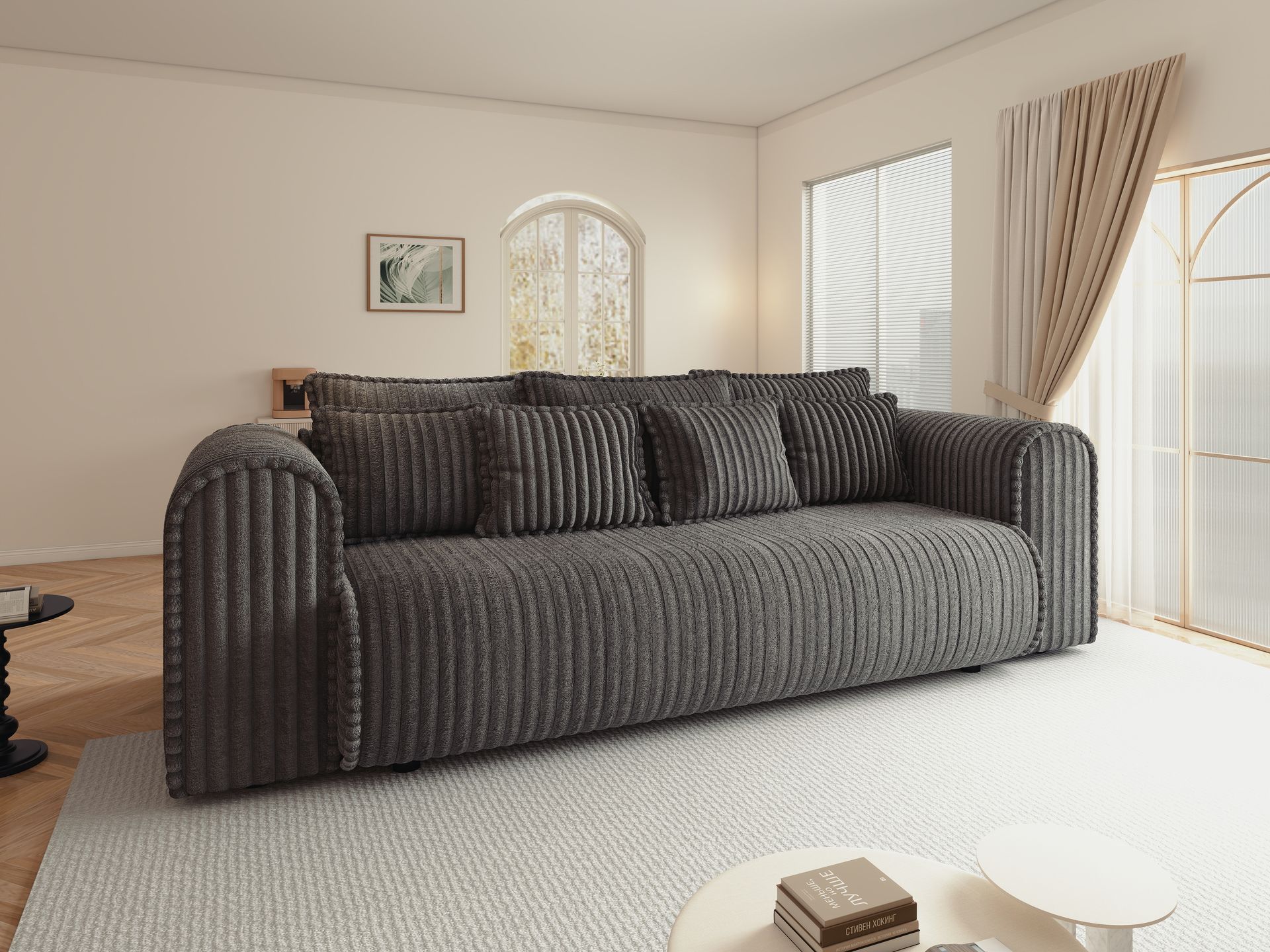 Canapea extensibilă dumonde cu ladă de depozitare si sezut confortabil din spuma high-density, Monaco Mica Tilia Grafit 240x100 cm