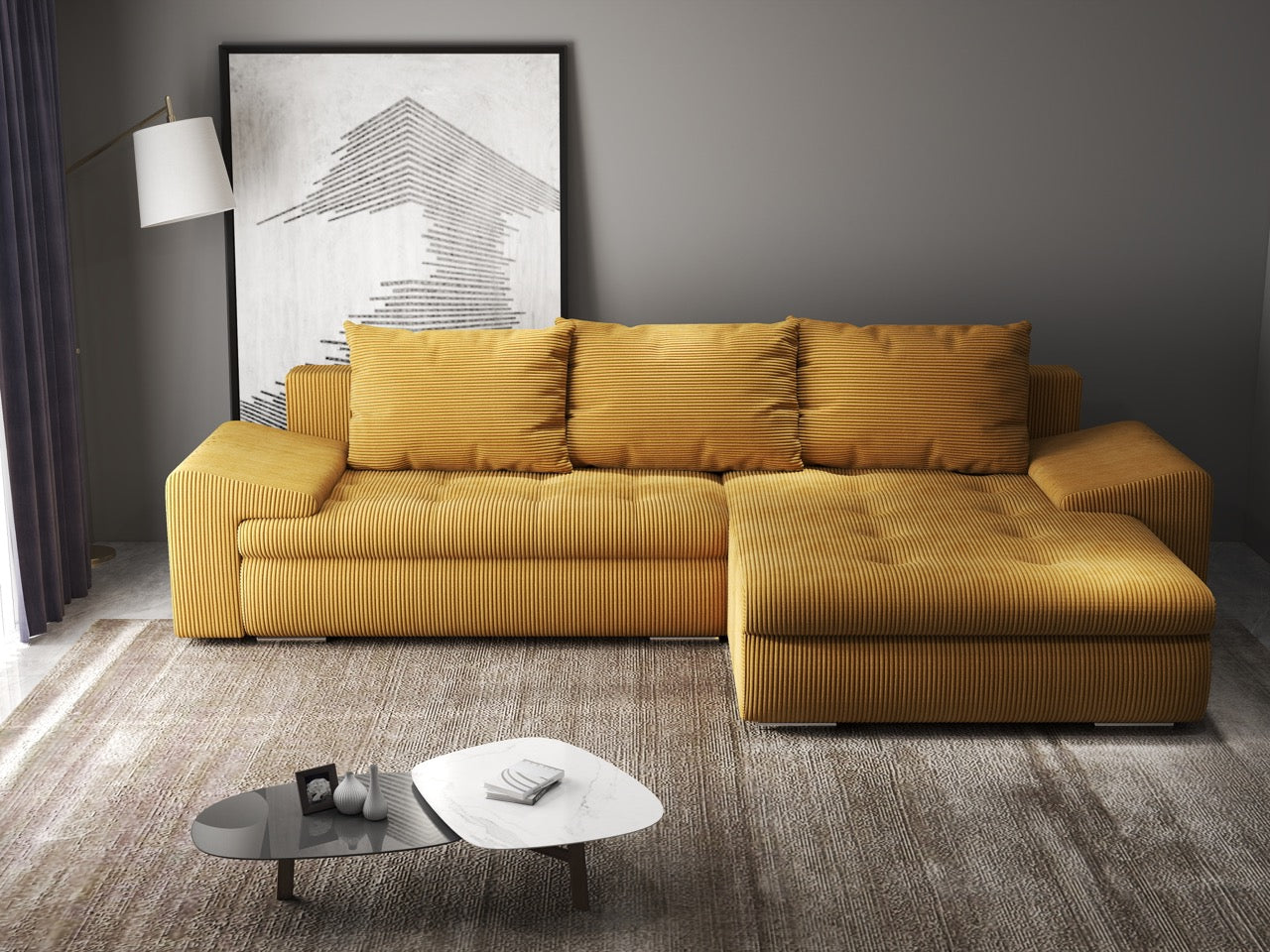 Colțar extensibil dumonde cu ladă de depozitare si sezut confortabil din spuma HR, Leonardo Zoom Mustar 260x185 cm II Fabrica